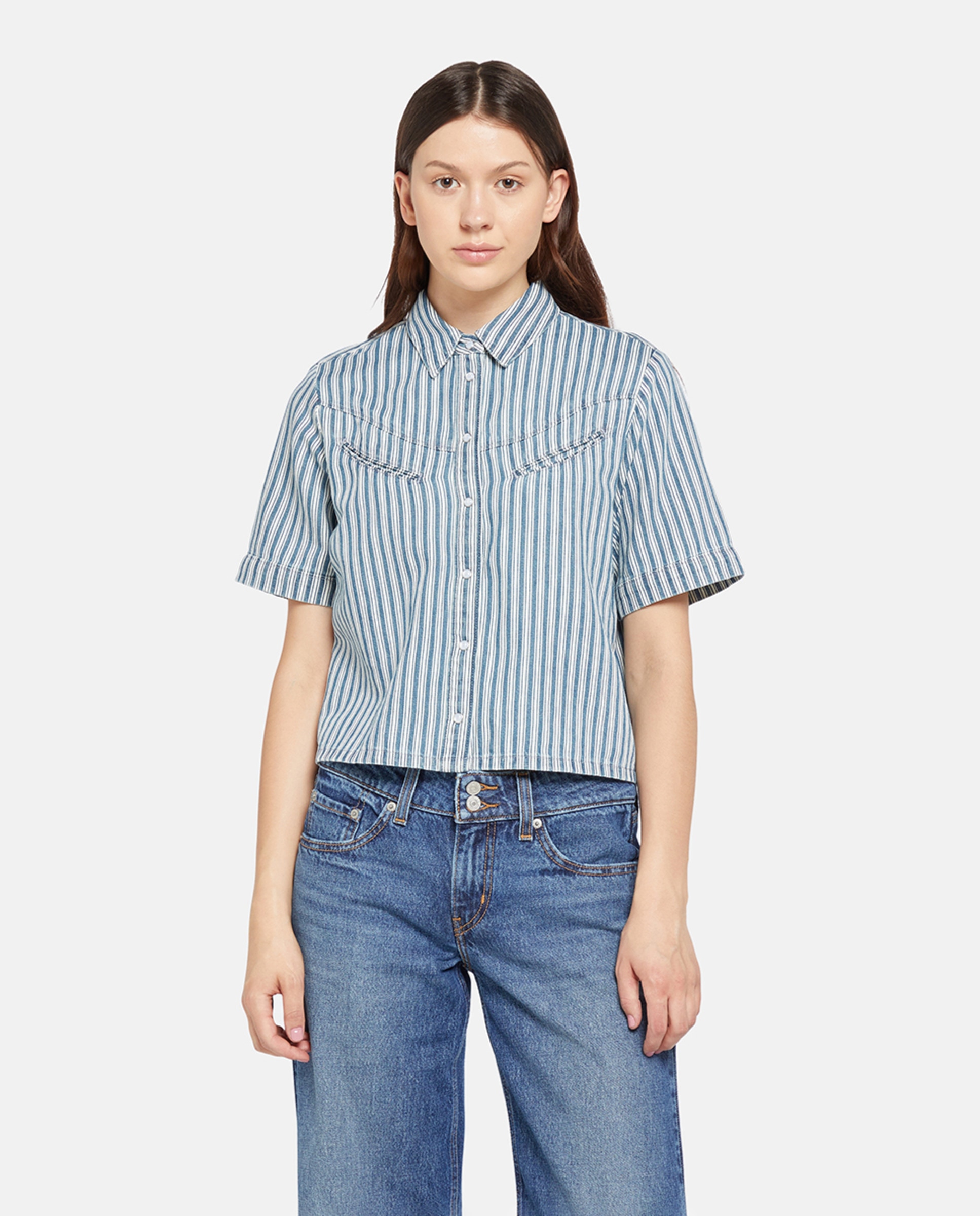 Camisa de Ganga de Algodão e Cânhamo com Manga Curta Azul-claro-1