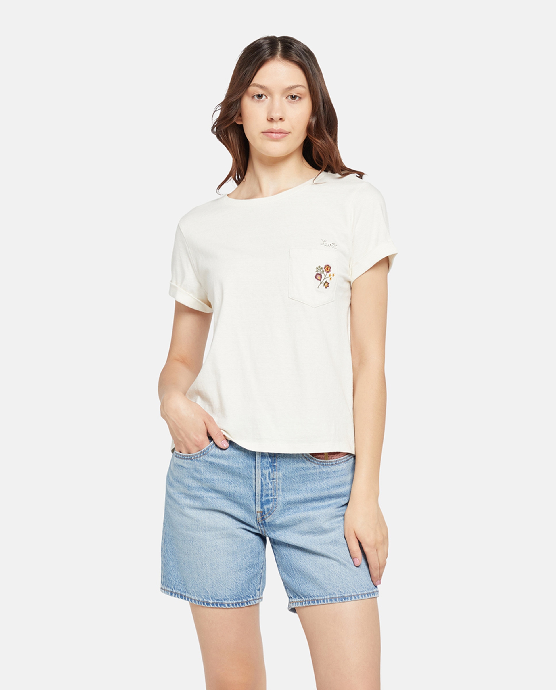 T-shirt de mulher com manga curta e decote redondo Branco-1