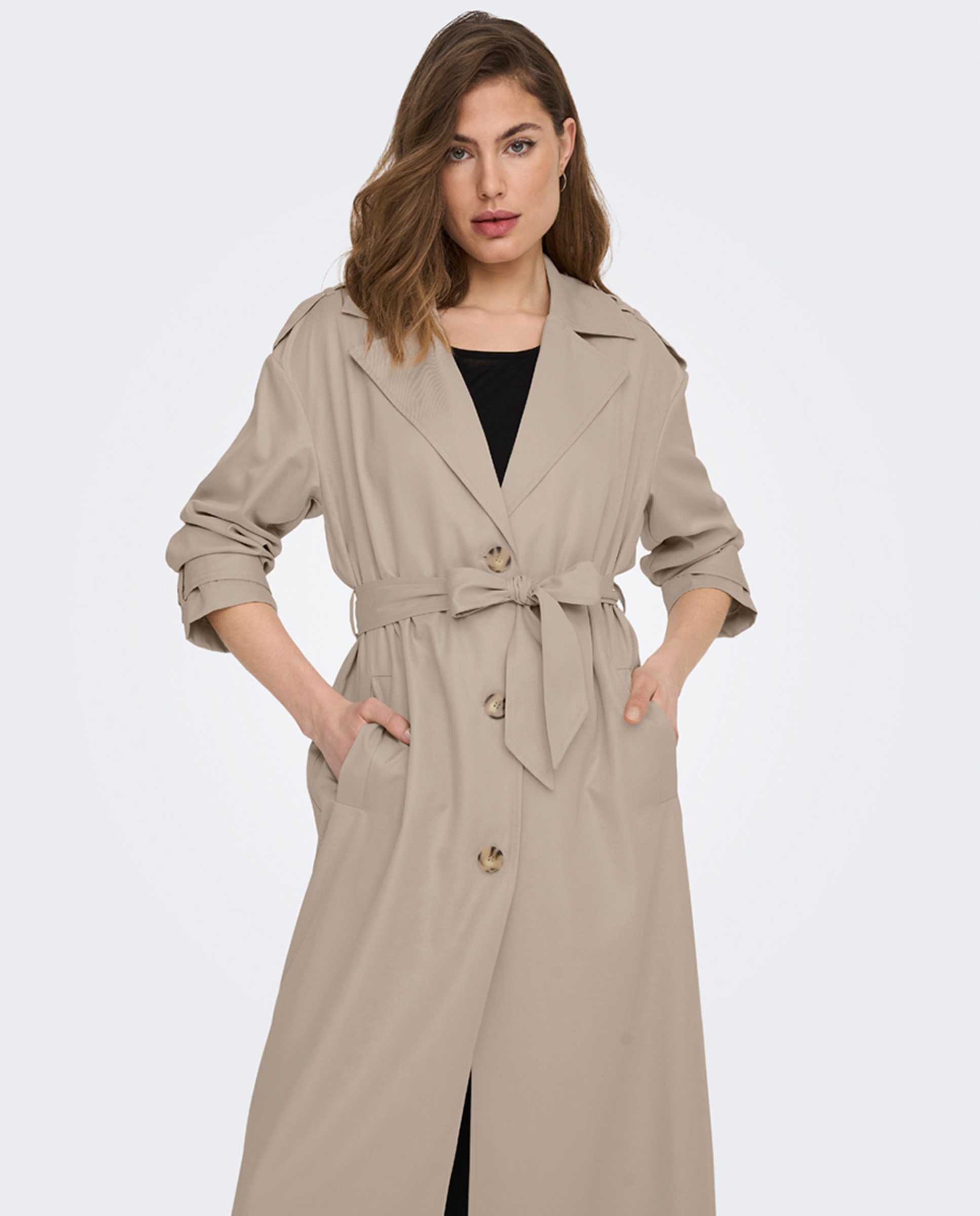 Gabardine Comprida com Botões e Cinto Bege-3
