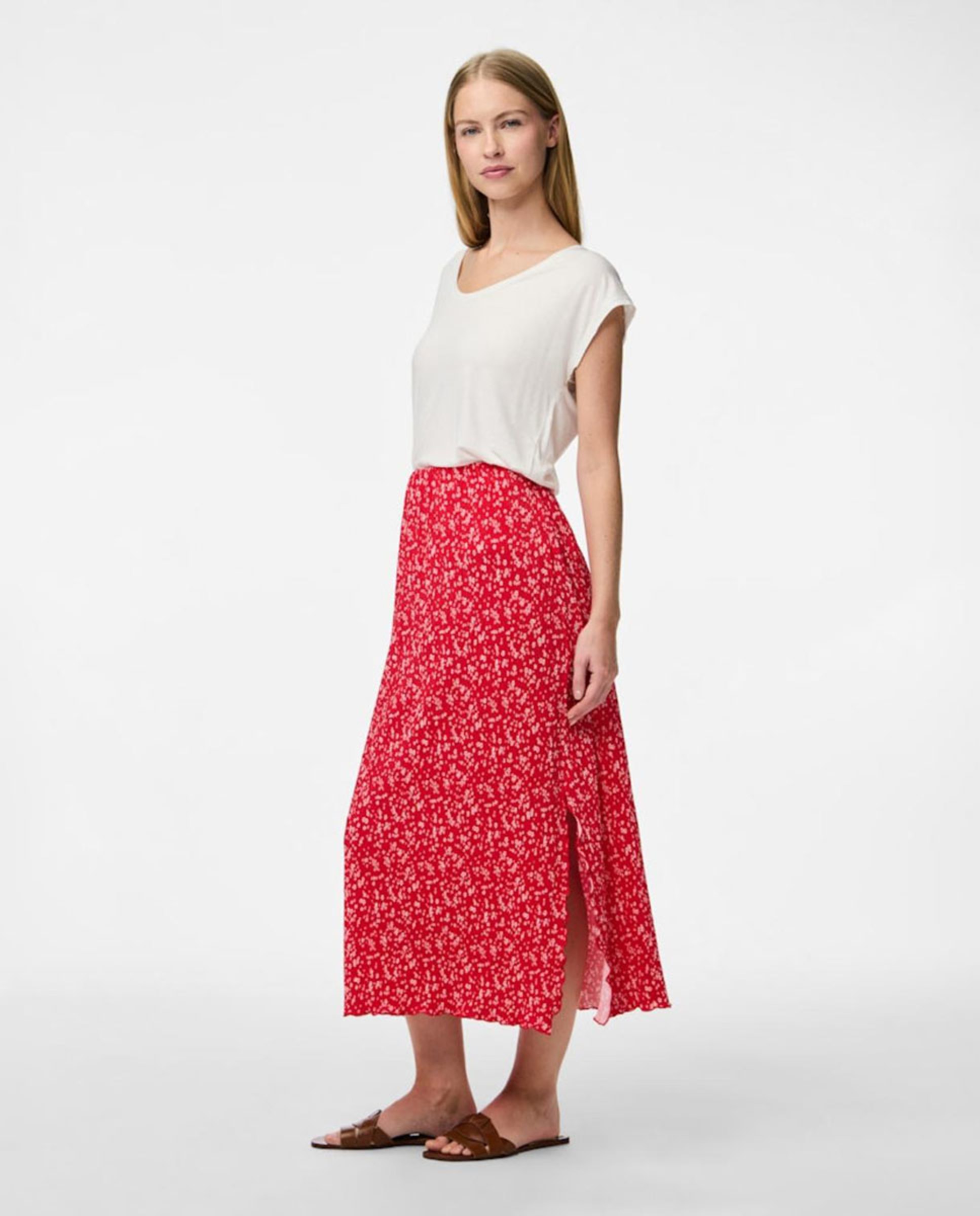 Saia Midi com Estampado Floral Vermelho-7