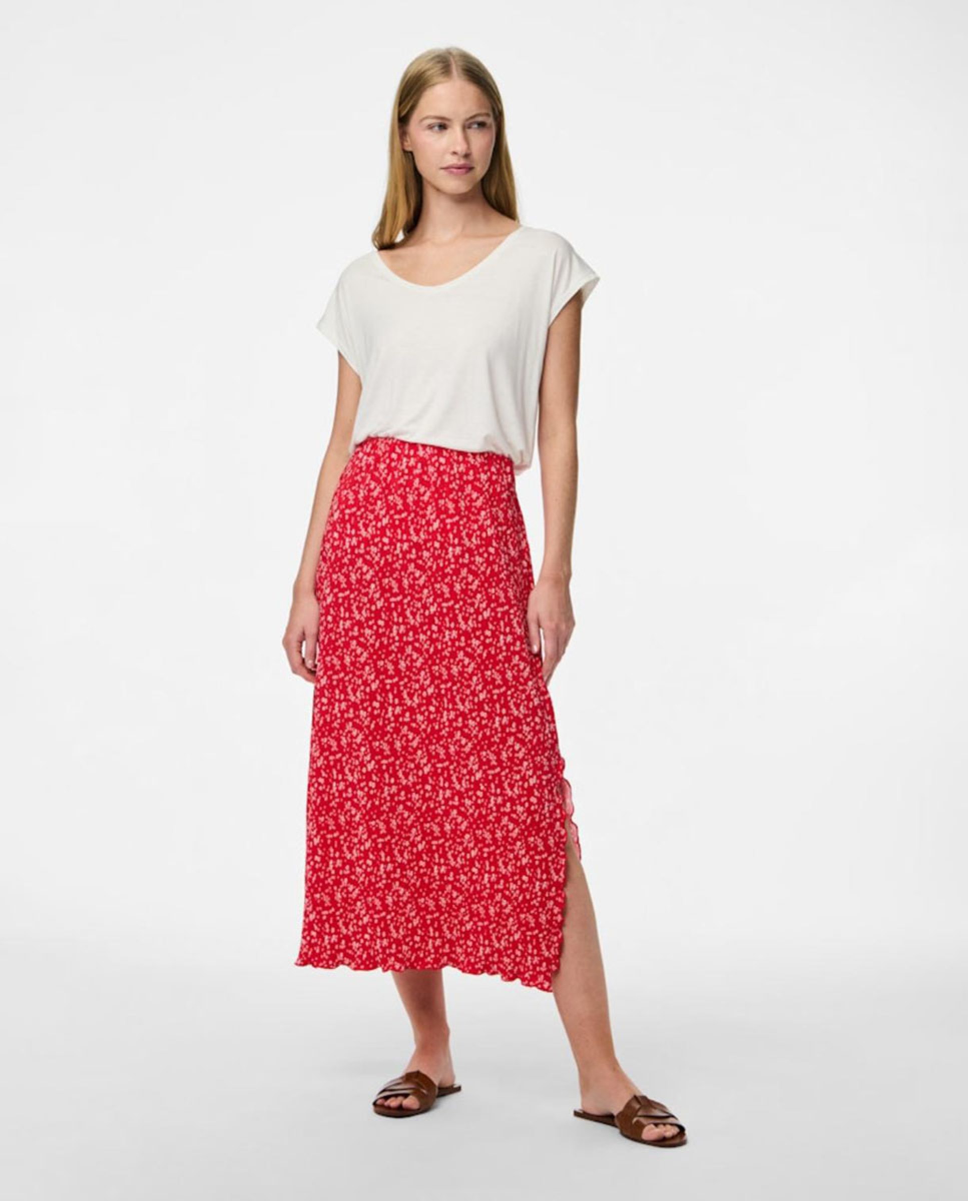 Saia Midi com Estampado Floral Vermelho-1