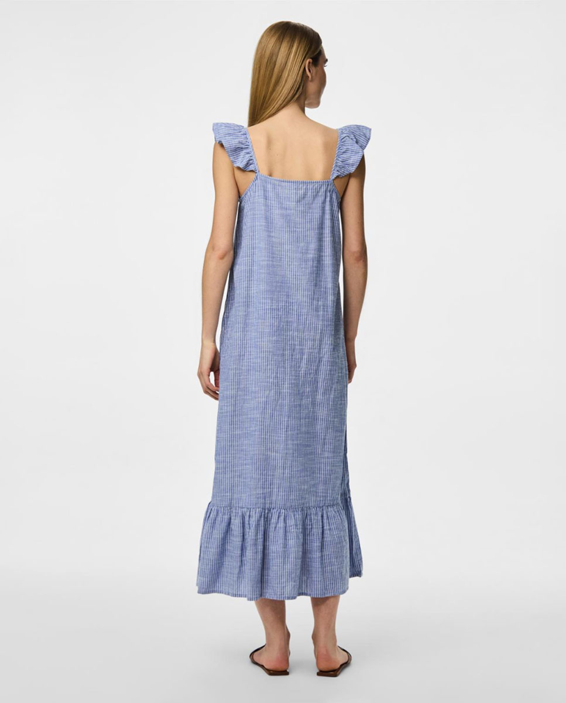 Vestido Comprido de Linho às Riscas Azul-2
