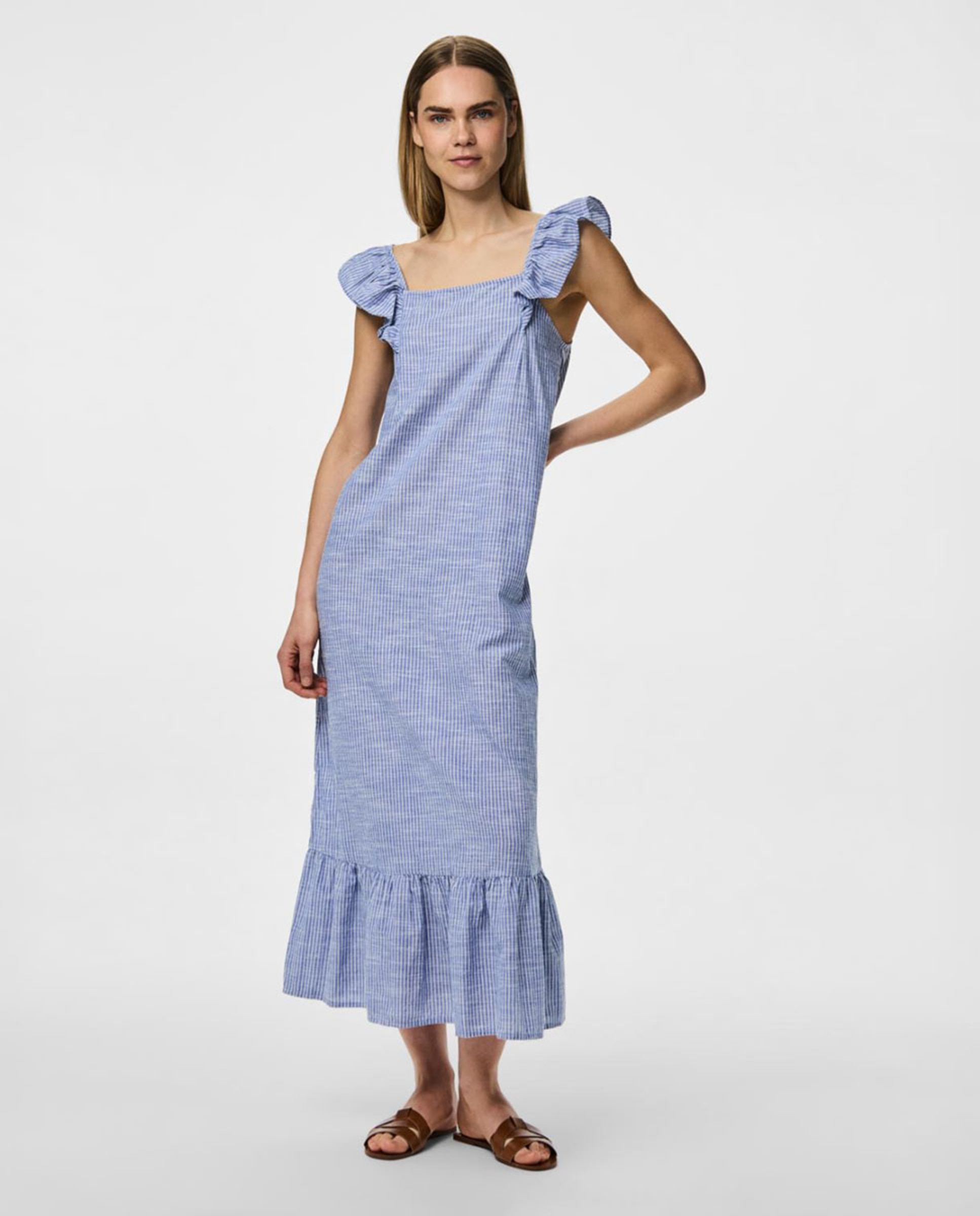 Vestido Comprido de Linho às Riscas Azul-1