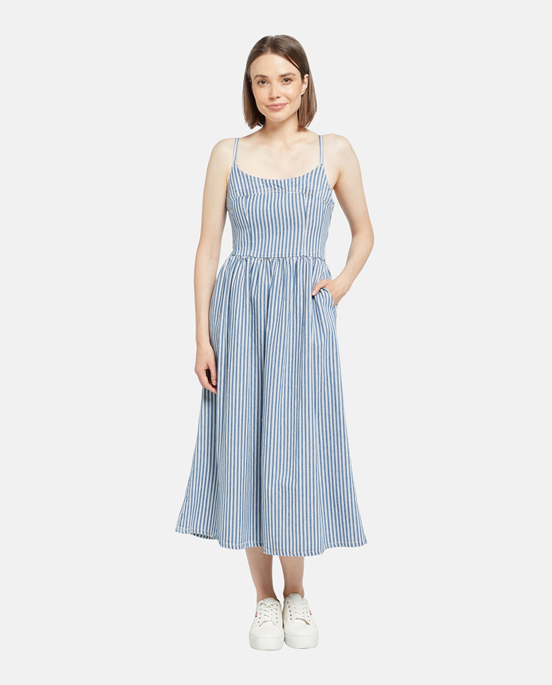 Vestido Midi de Alças e em Ganga Azul-claro-1