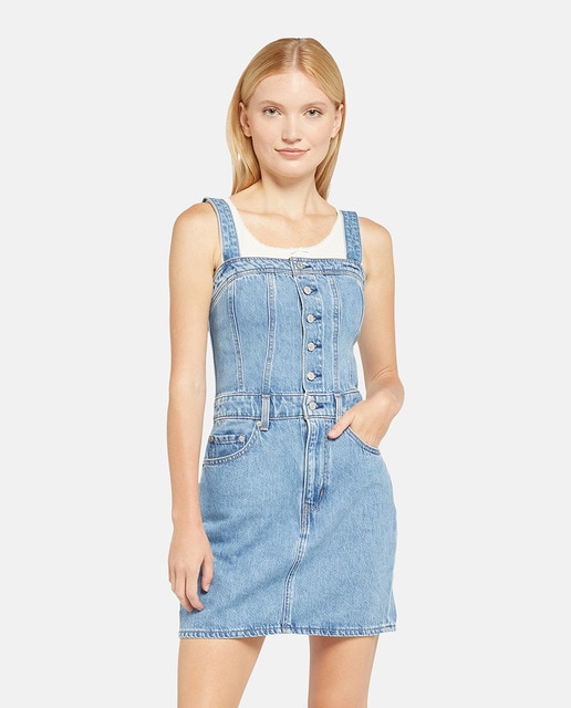 Imagem 0 de Vestido Curto de Ganga com Alças e Botões