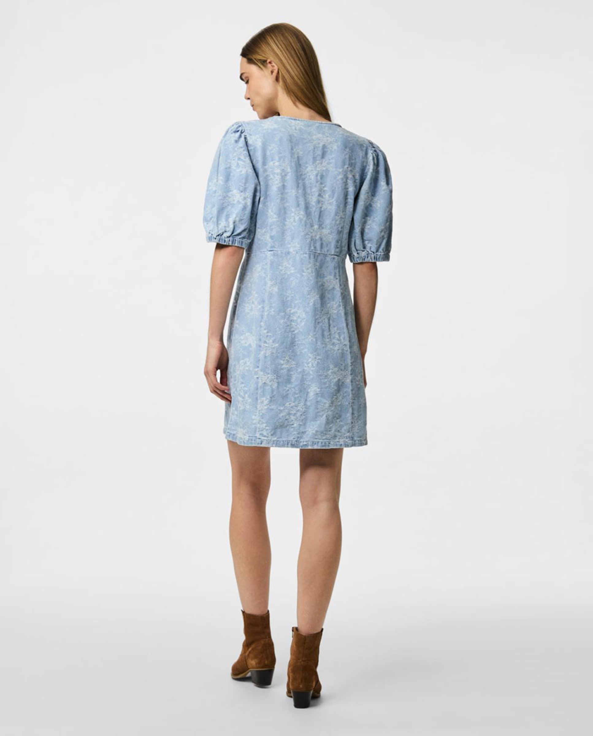Vestido Curto de Ganga com Bordado Azul-claro-2