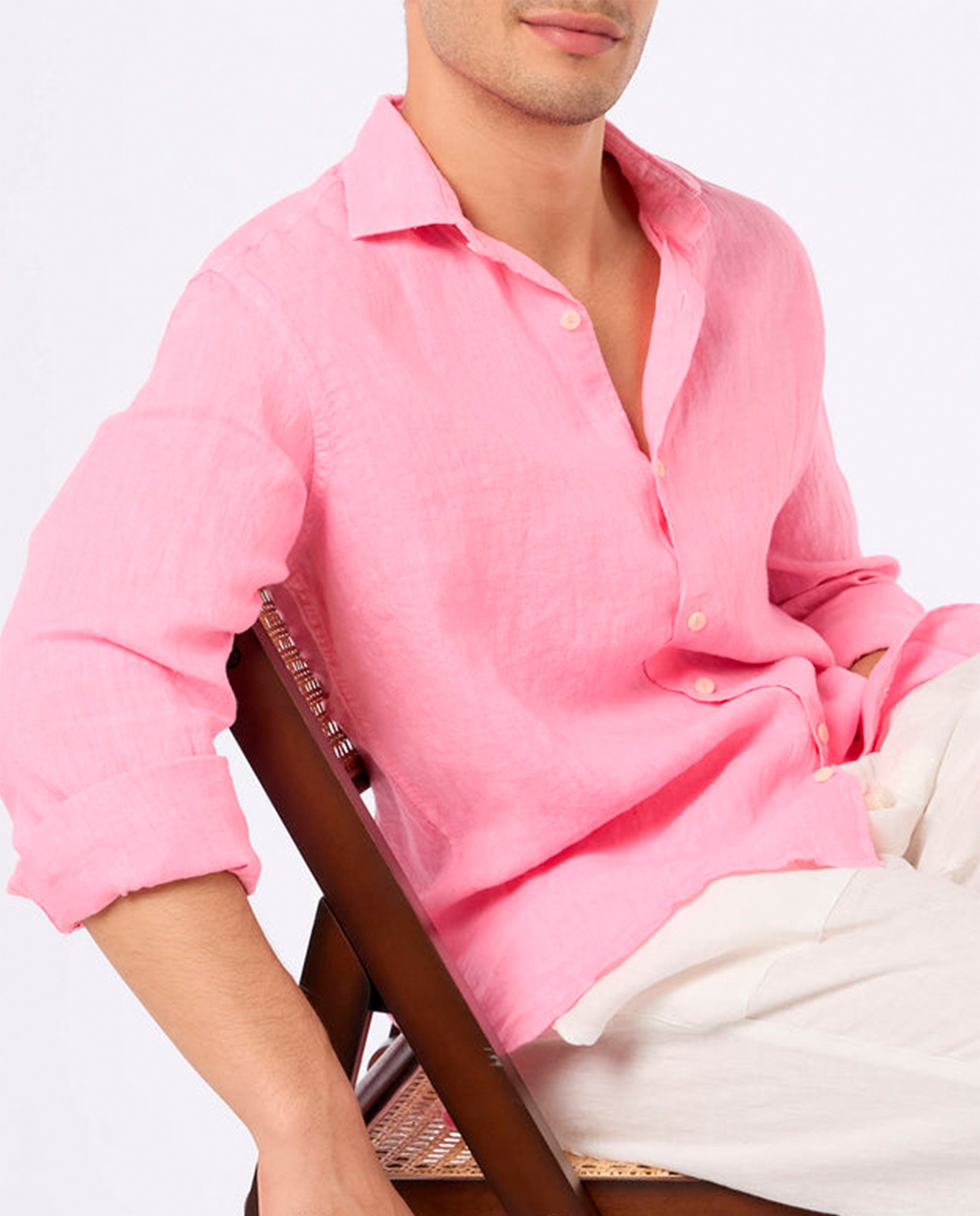 Camisa Regular Fit de Linho com Manga Comprida Rosa-3