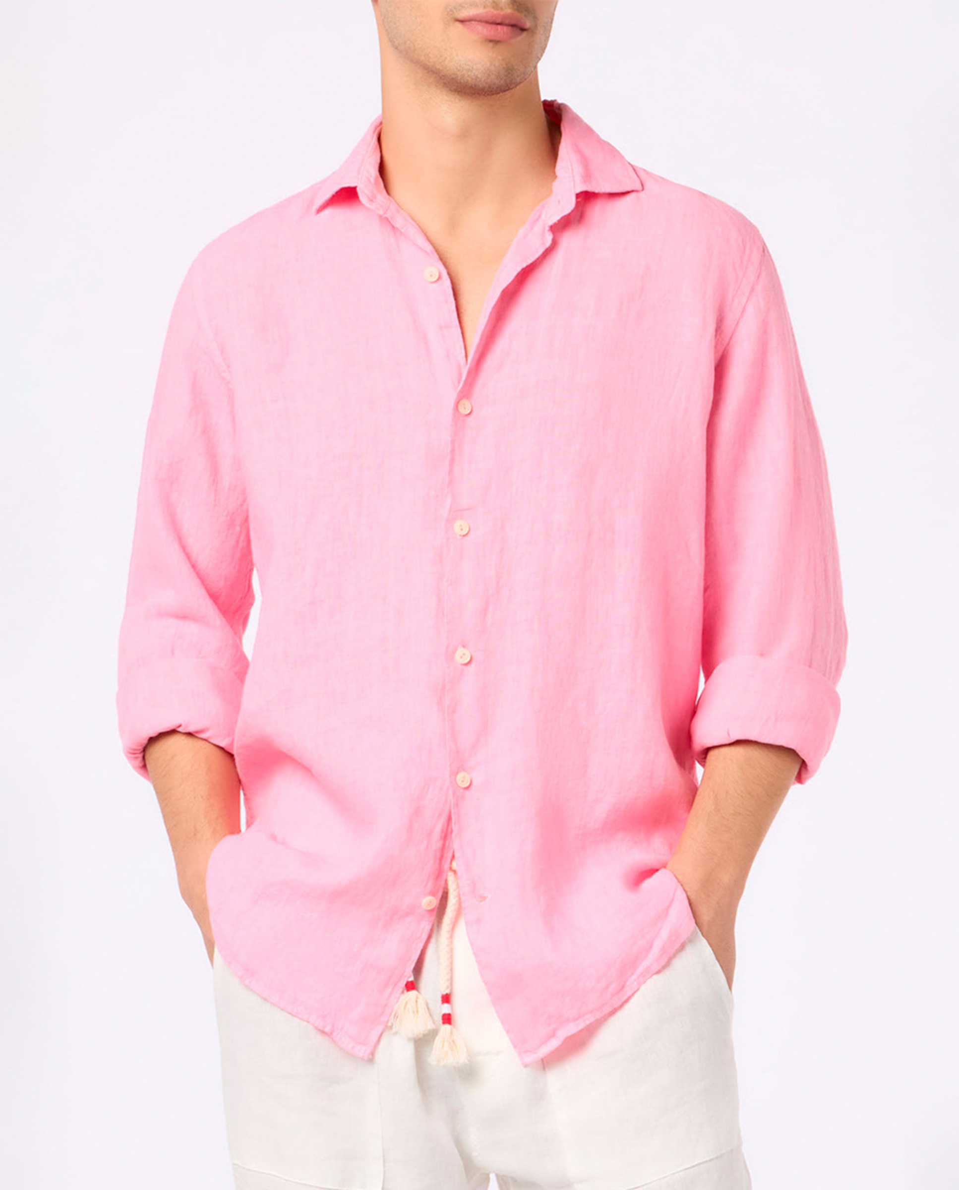 Camisa Regular Fit de Linho com Manga Comprida Rosa-1