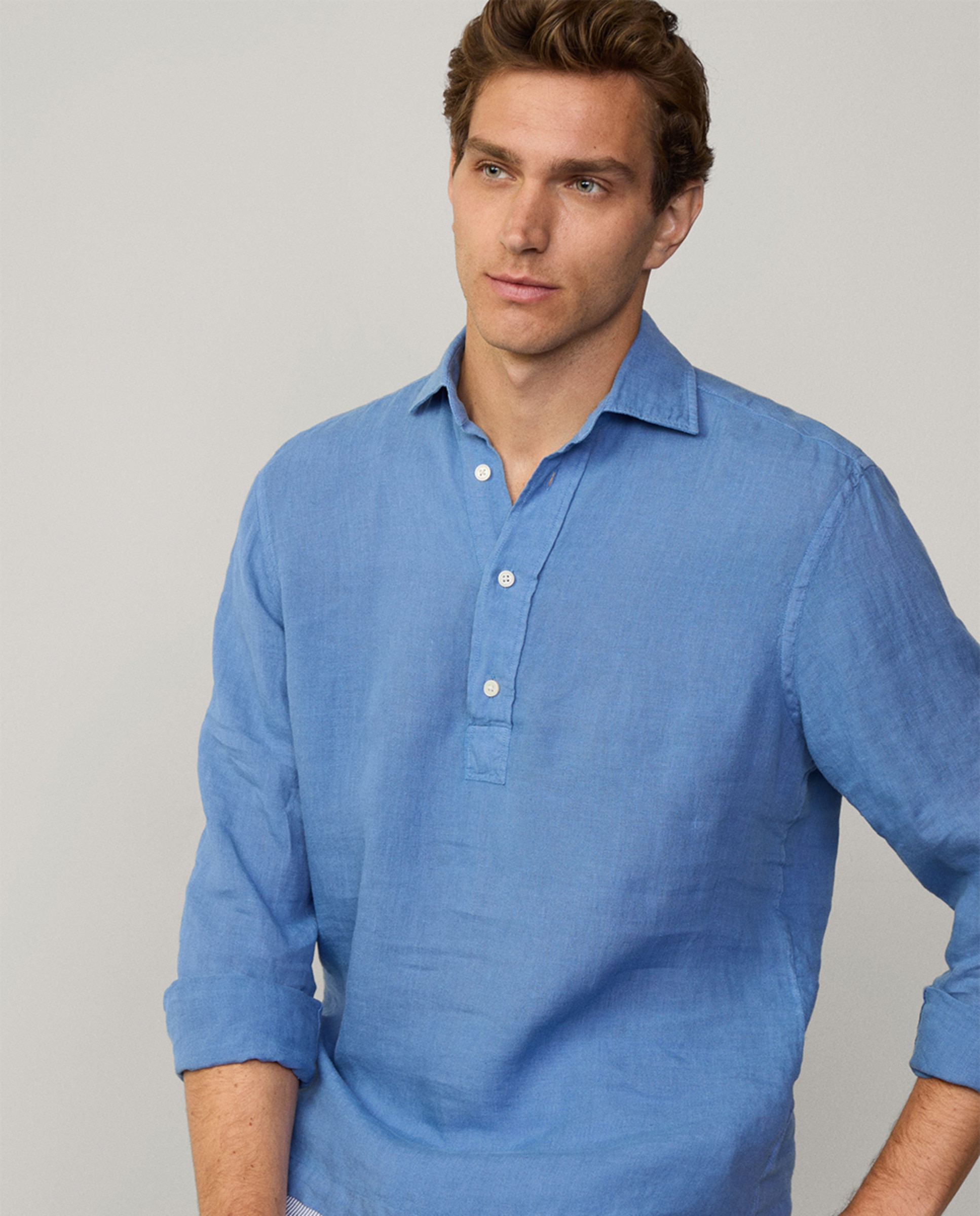 Camisa Estilo Polo de Linho Azul-3