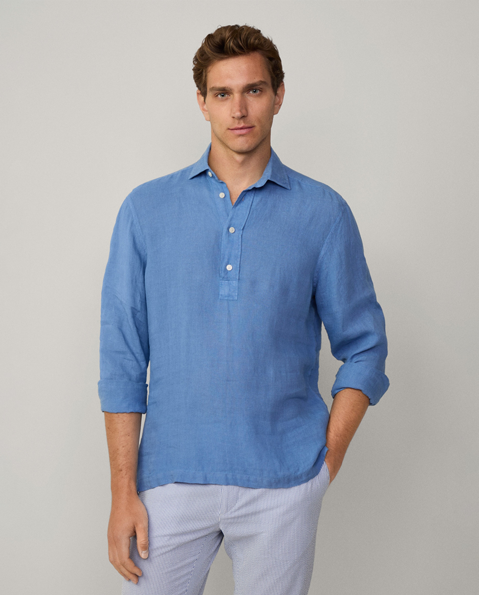 Camisa Estilo Polo de Linho Azul-1