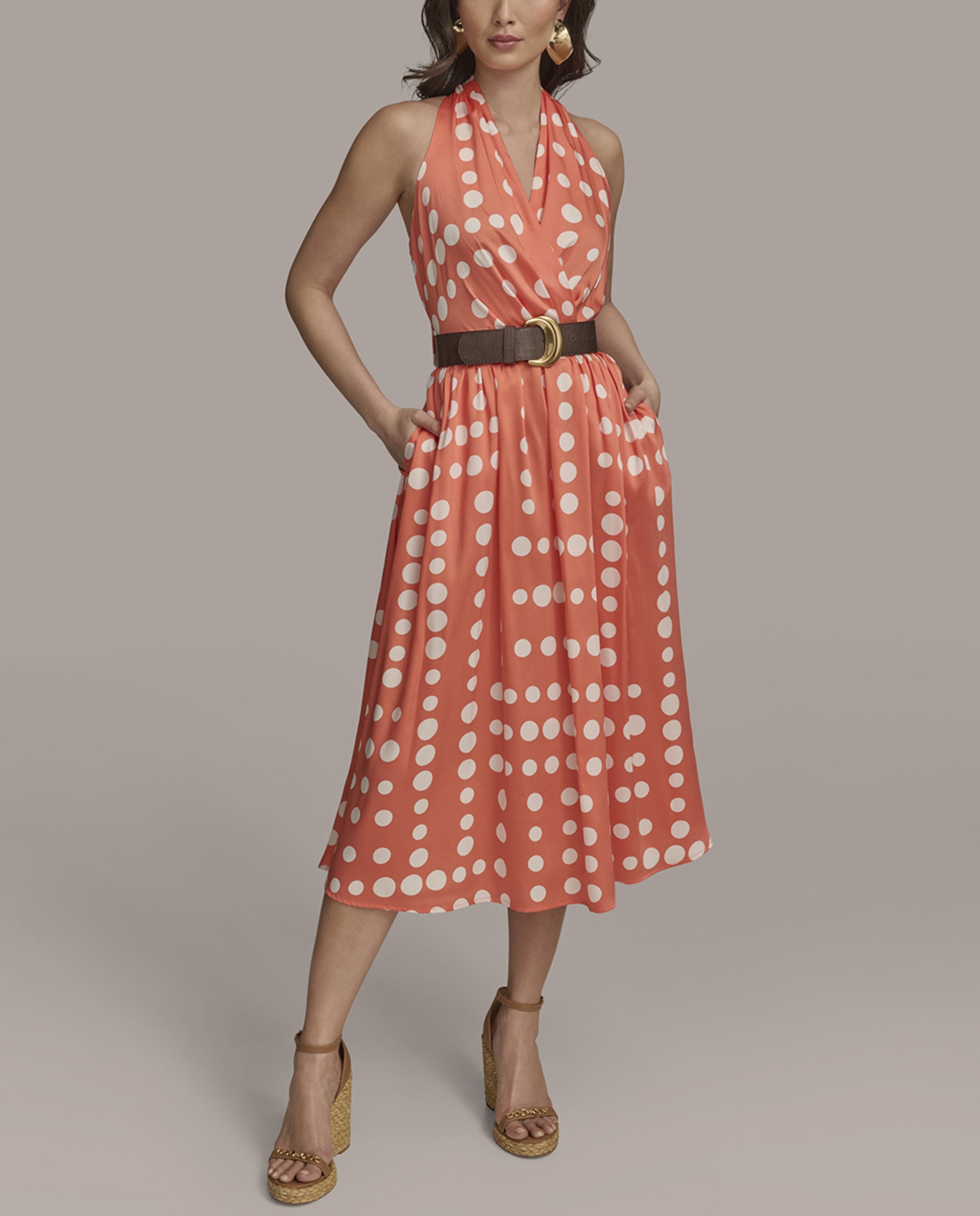 Vestido às Bolinhas com Gola Halter Laranja-3