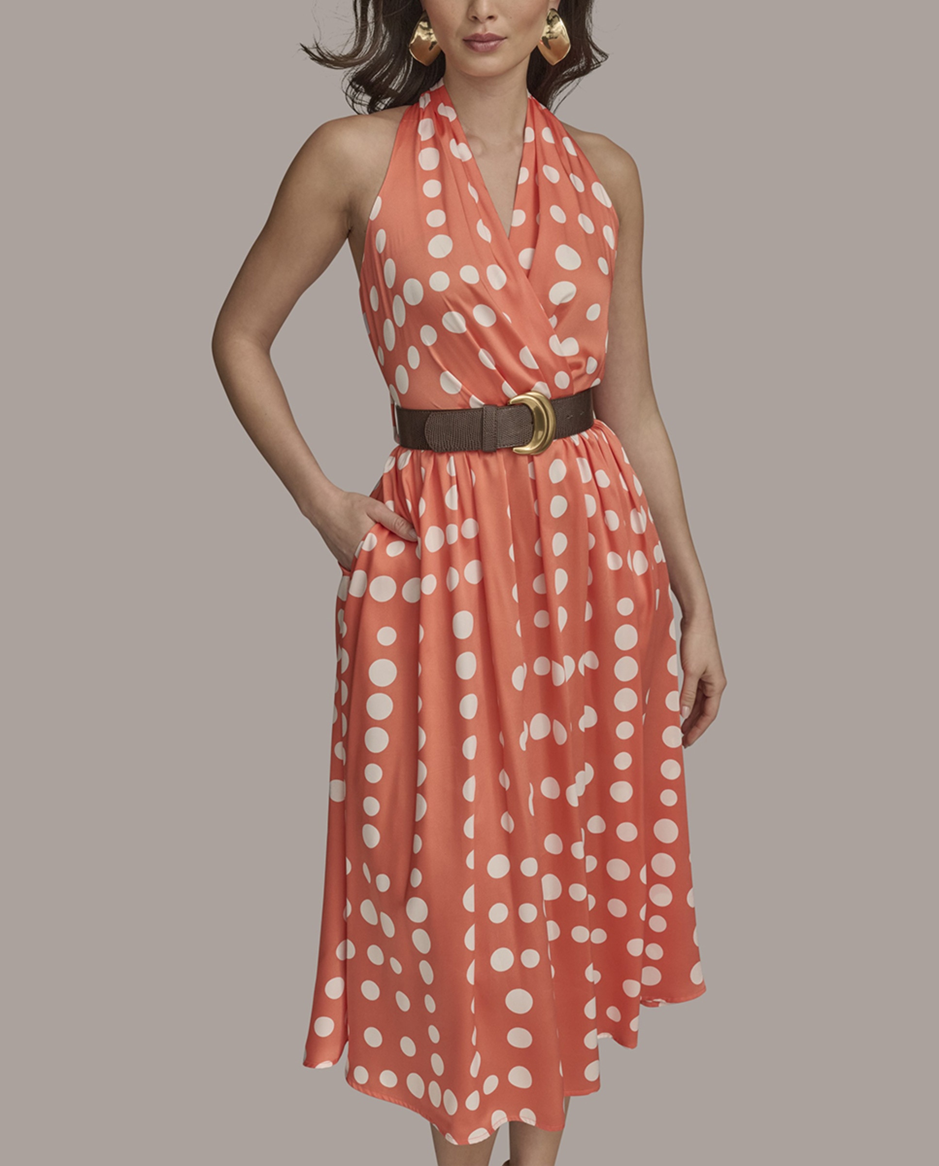 Vestido às Bolinhas com Gola Halter Laranja-2