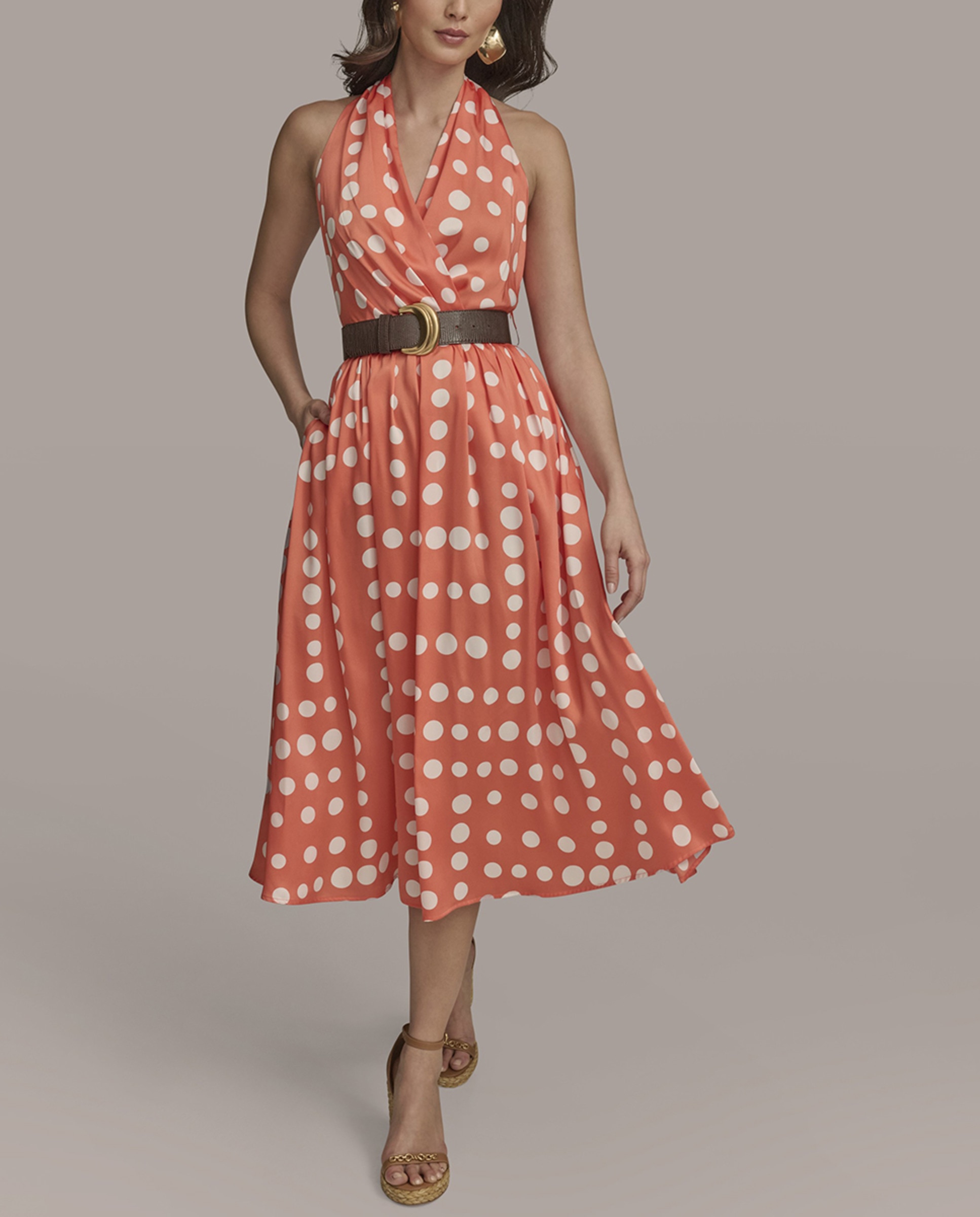 Vestido às Bolinhas com Gola Halter Laranja-1