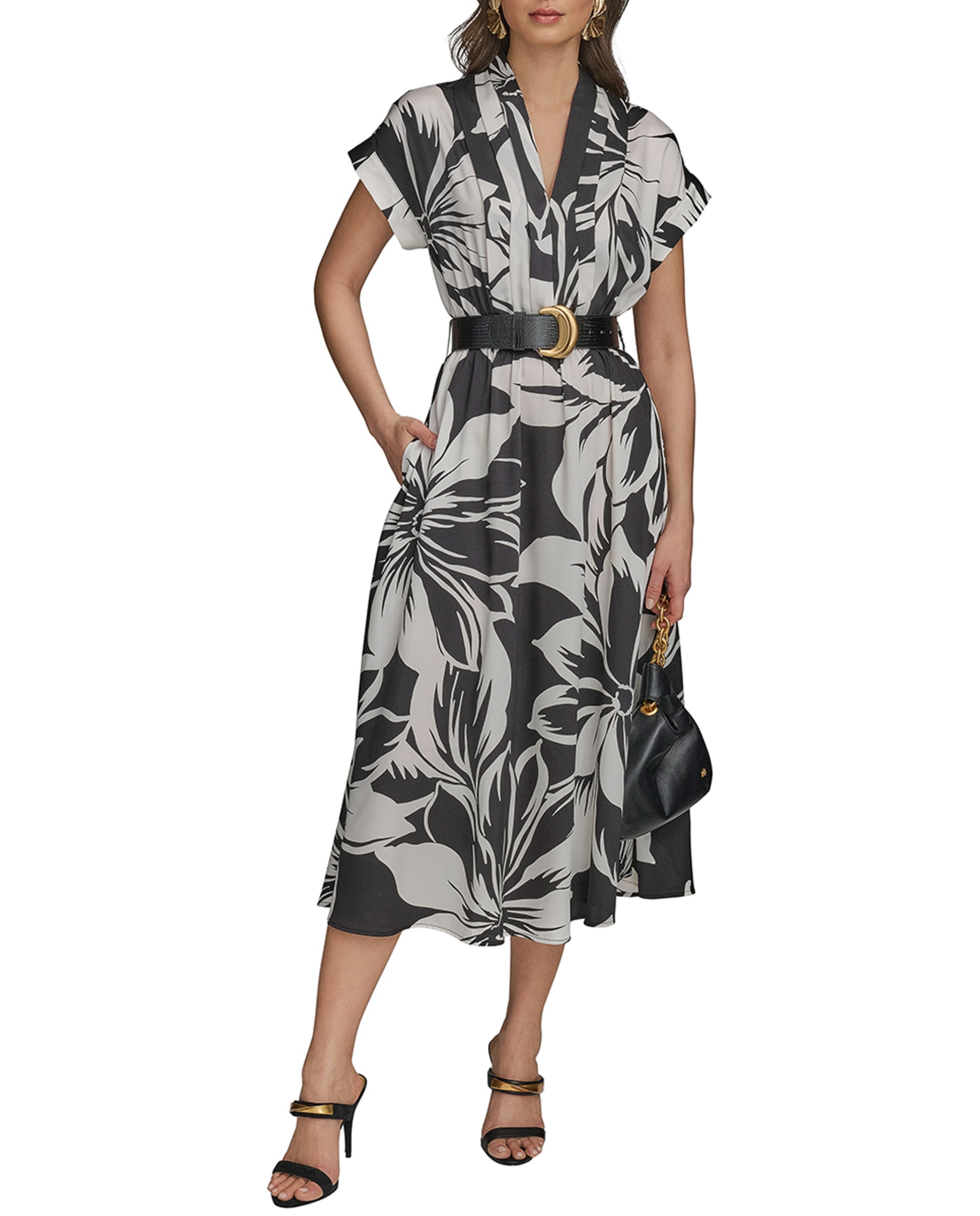 Vestido de Estampado Floral com Manga Curta Branco-3
