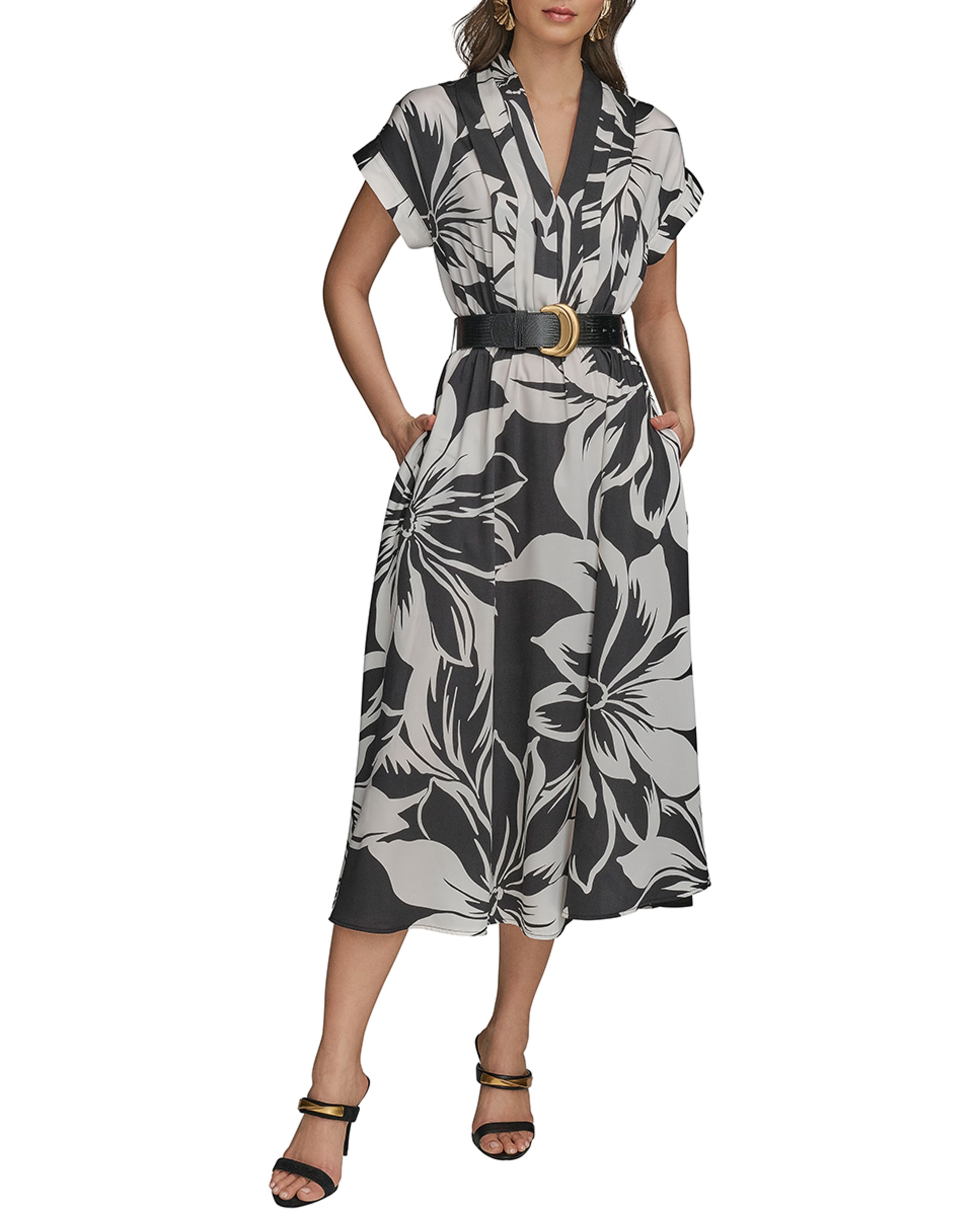 Vestido de Estampado Floral com Manga Curta Branco-1