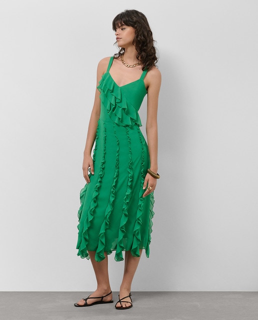 Imagem 0 de Vestido Midi em Crepe Georgette com Folhos Verticais