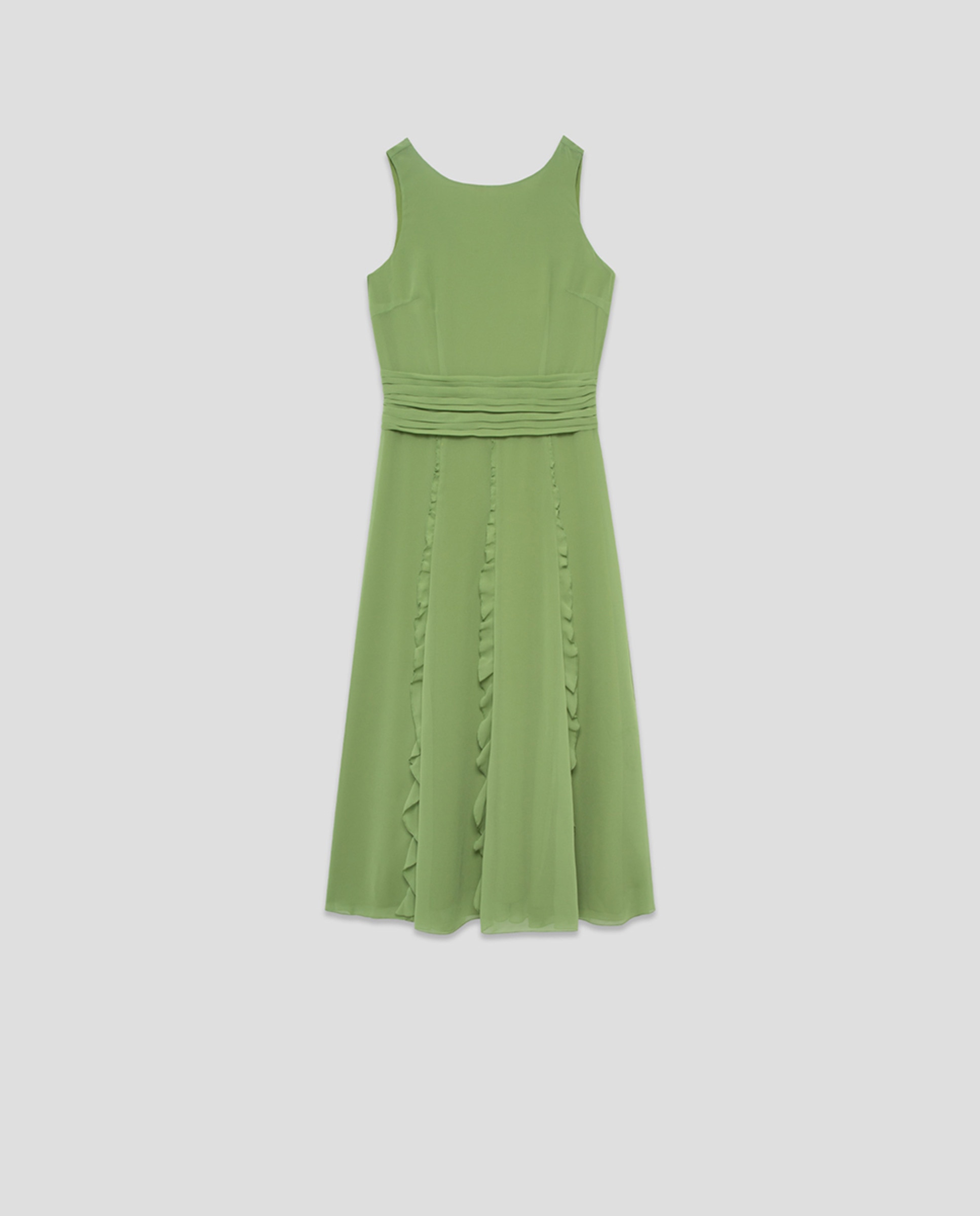 Vestido Midi sem Mangas com Folhos em Crepe Georgette Verde-6