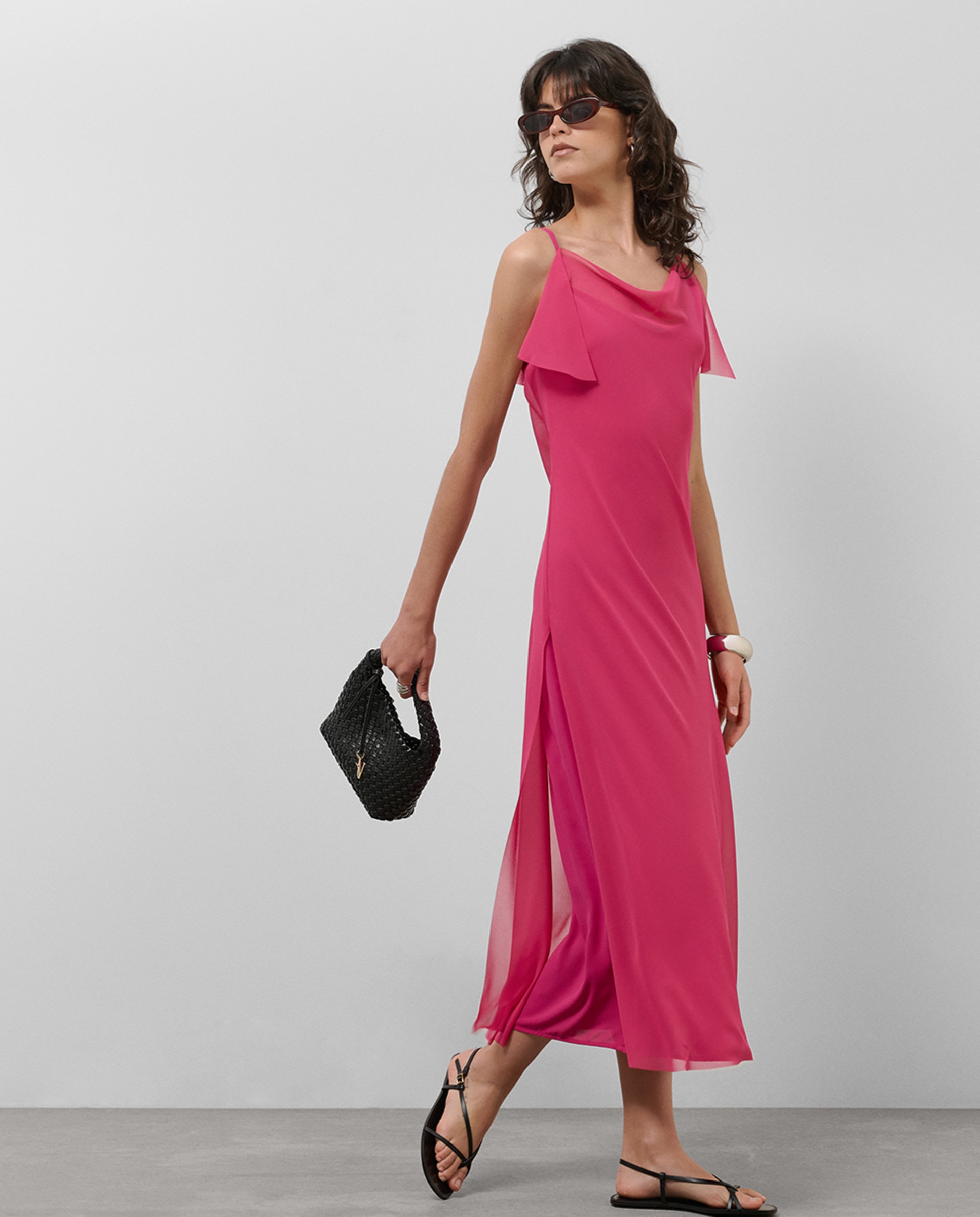 Vestido Comprido de Alças em Crepe Fúcsia-5