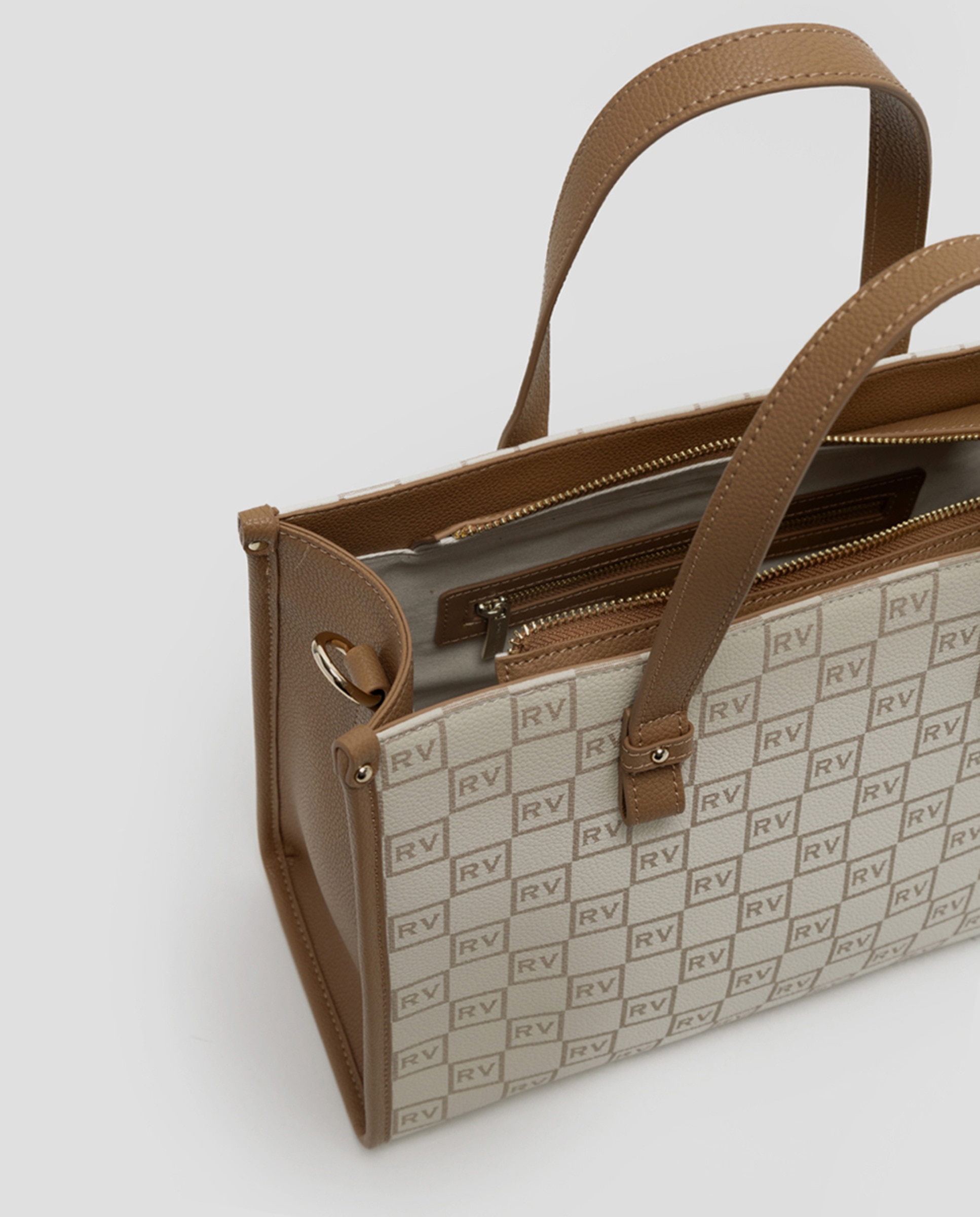 Mala de Mão Gala Satchel Maxi em Pele com Logótipos Bege-5