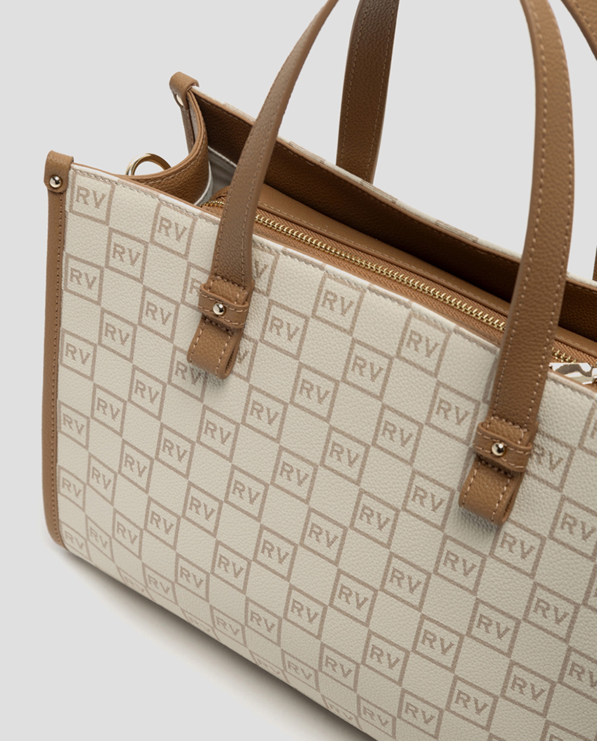 Mala de Mão Gala Satchel Maxi em Pele com Logótipos Bege-4