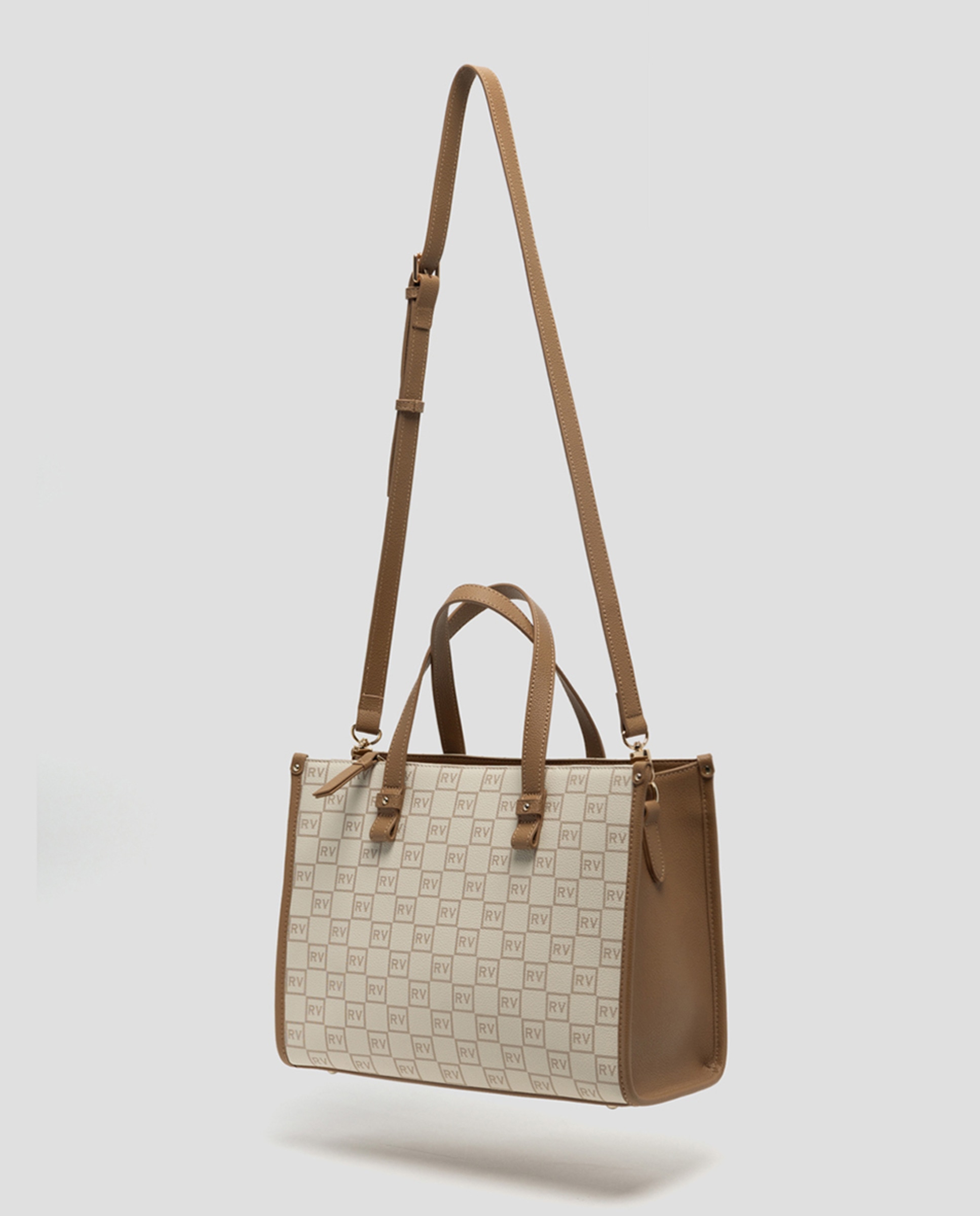 Mala de Mão Gala Satchel Maxi em Pele com Logótipos Bege-3