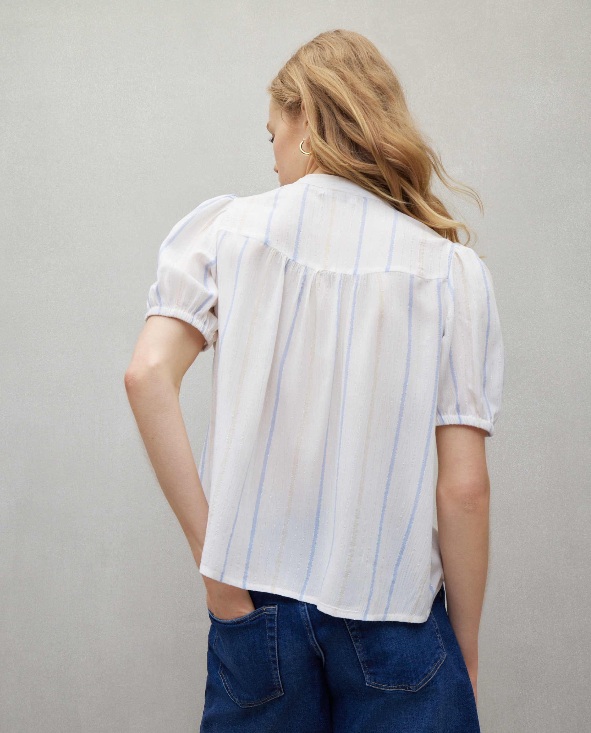 Blusa de Manga Curta com Favos de Mel Azul-3