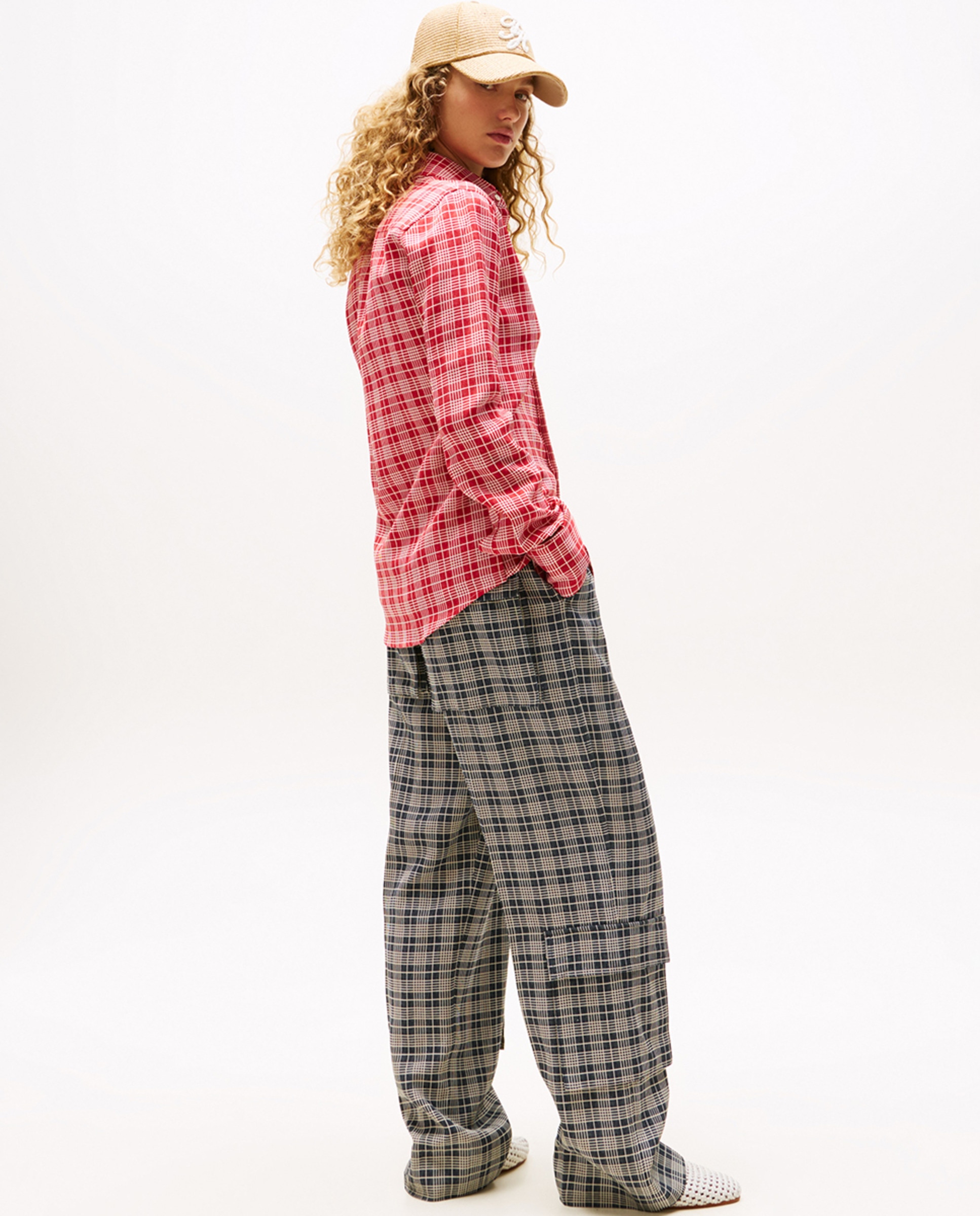 TH SS25 RUNWAY Camisa com Estampado aos Quadrados Vermelho-2
