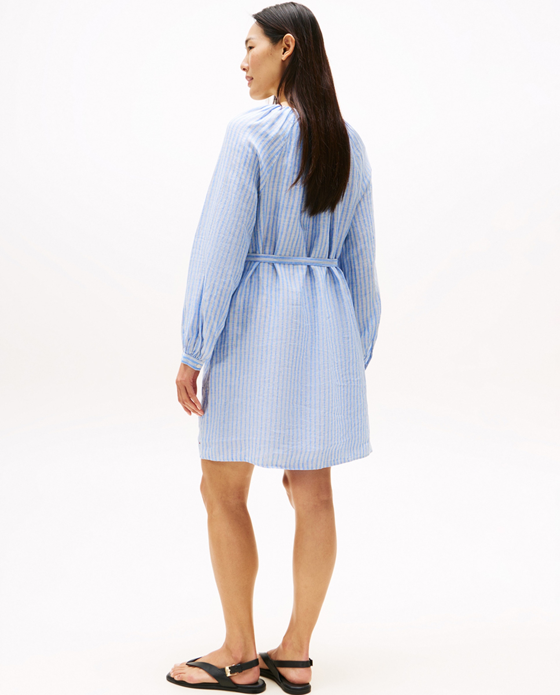 Vestido Curto de Linho com Decote em Bico Azul-claro-2