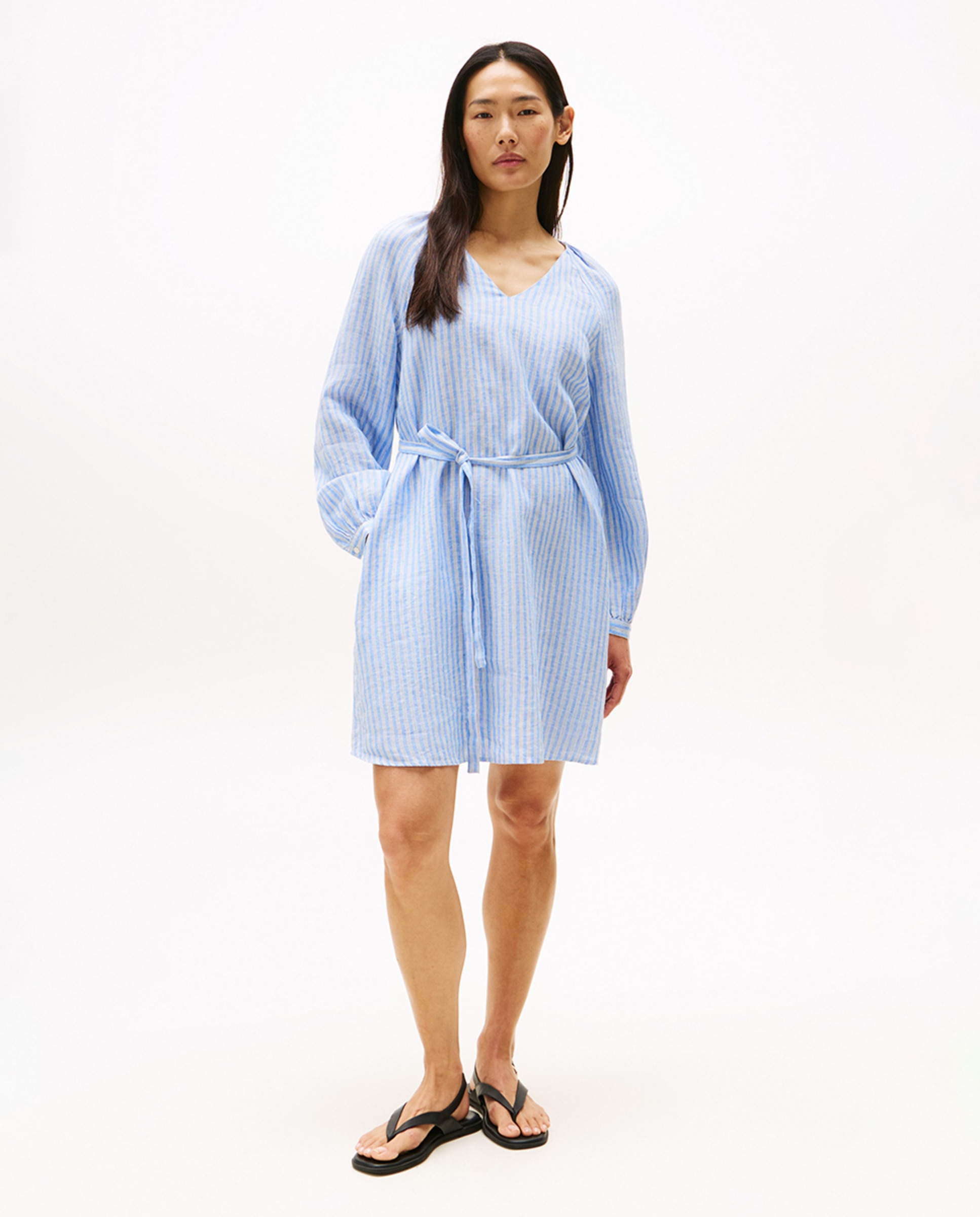 Vestido Curto de Linho com Decote em Bico Azul-claro-1
