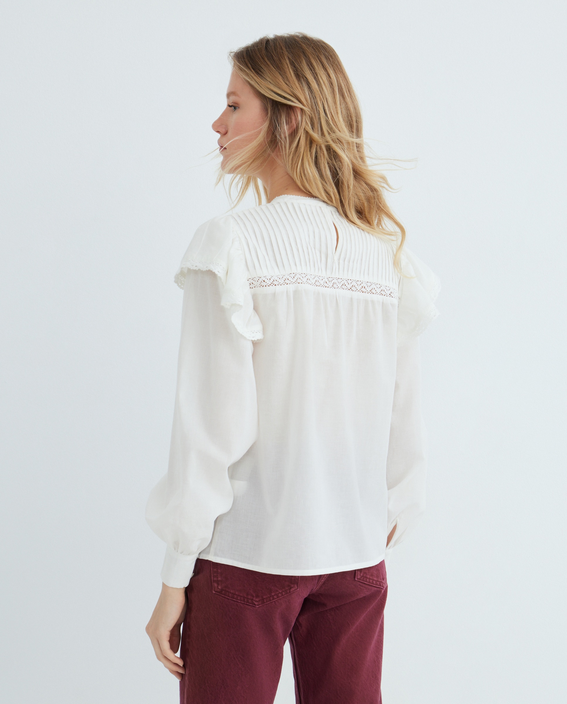 Blusa de mujer romántica con volantes Blanco roto-3