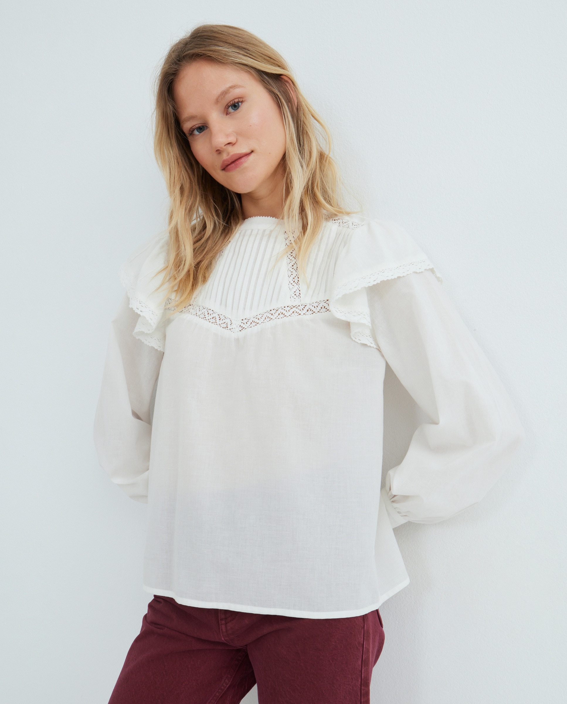 Blusa de mujer romántica con volantes Blanco roto-2