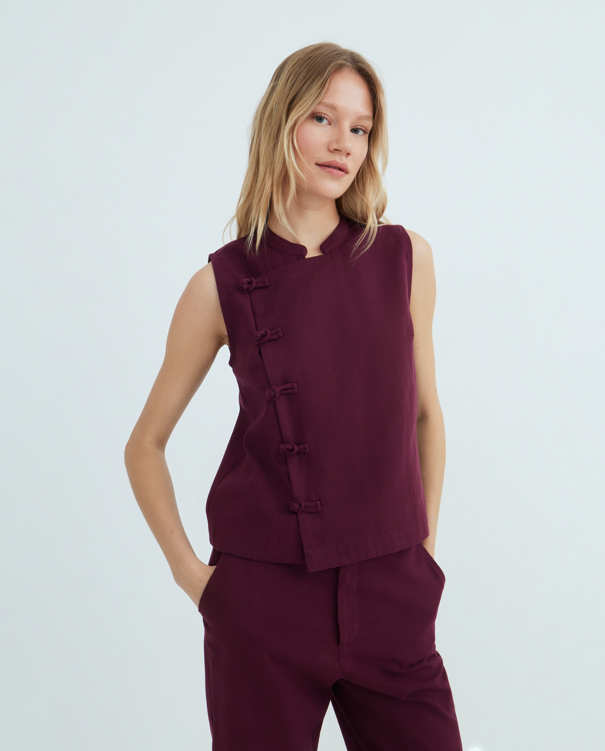 Chaleco de mujer cruzado combinado 291 Berenjena-1