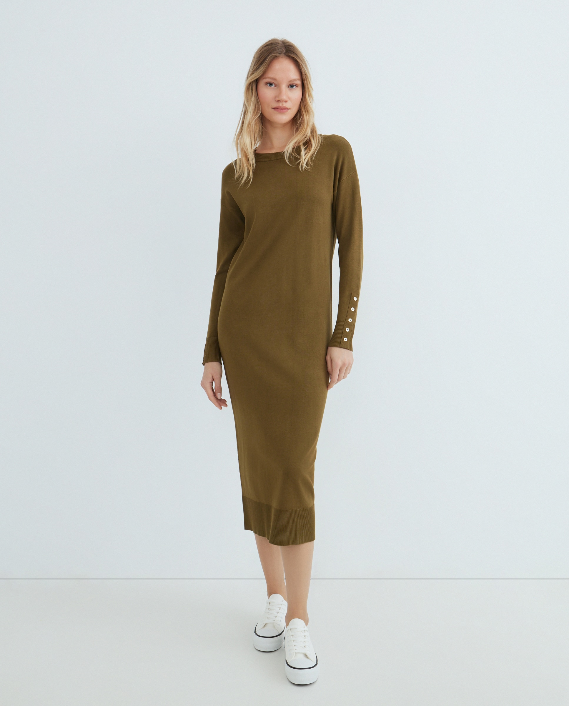 Vestido de mujer de punto midi manga larga 560 Oliva-1