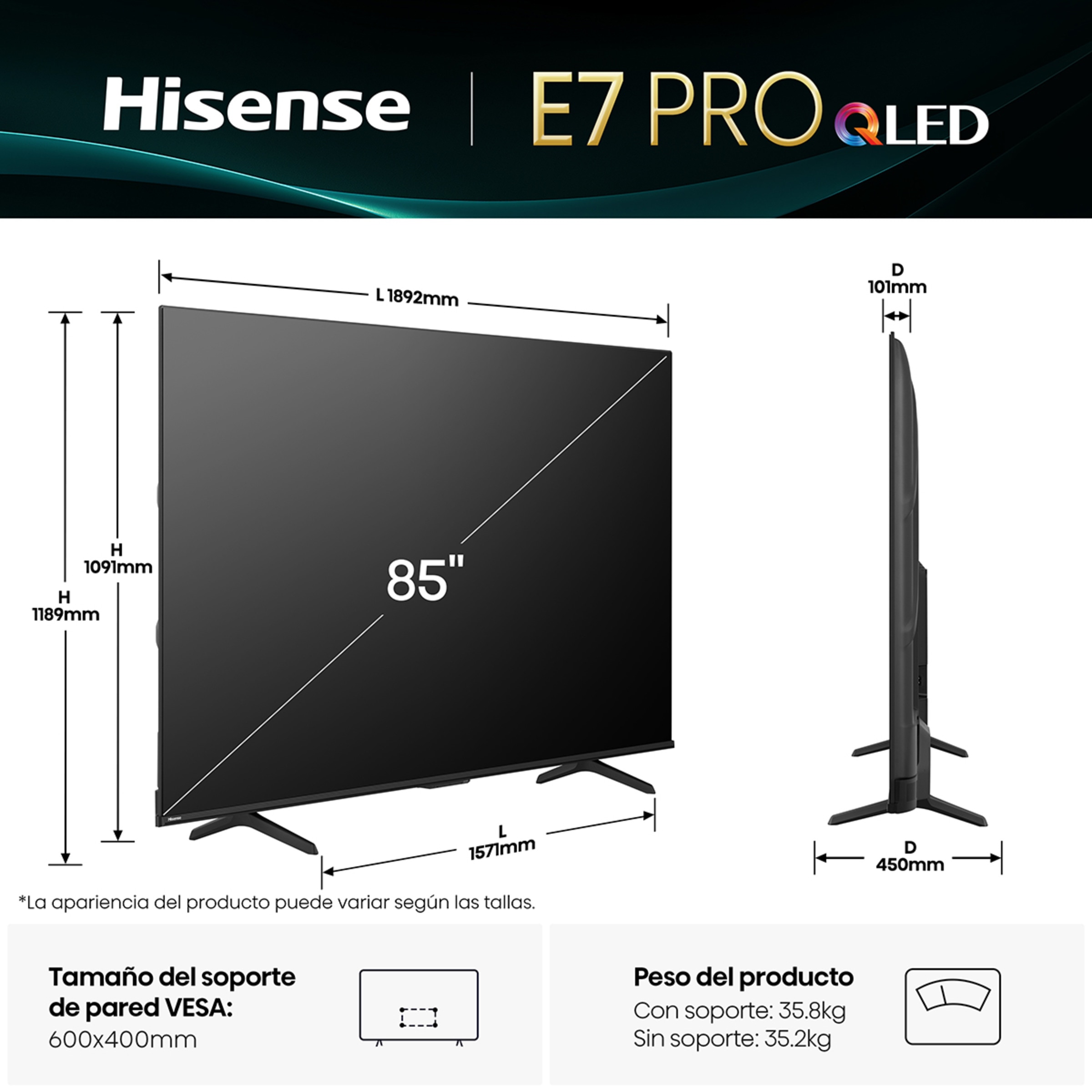 TV QLED 215 cm (85") Hisense 85E7Q Pro, UHD 4K, Smart TV Gris carbón-2