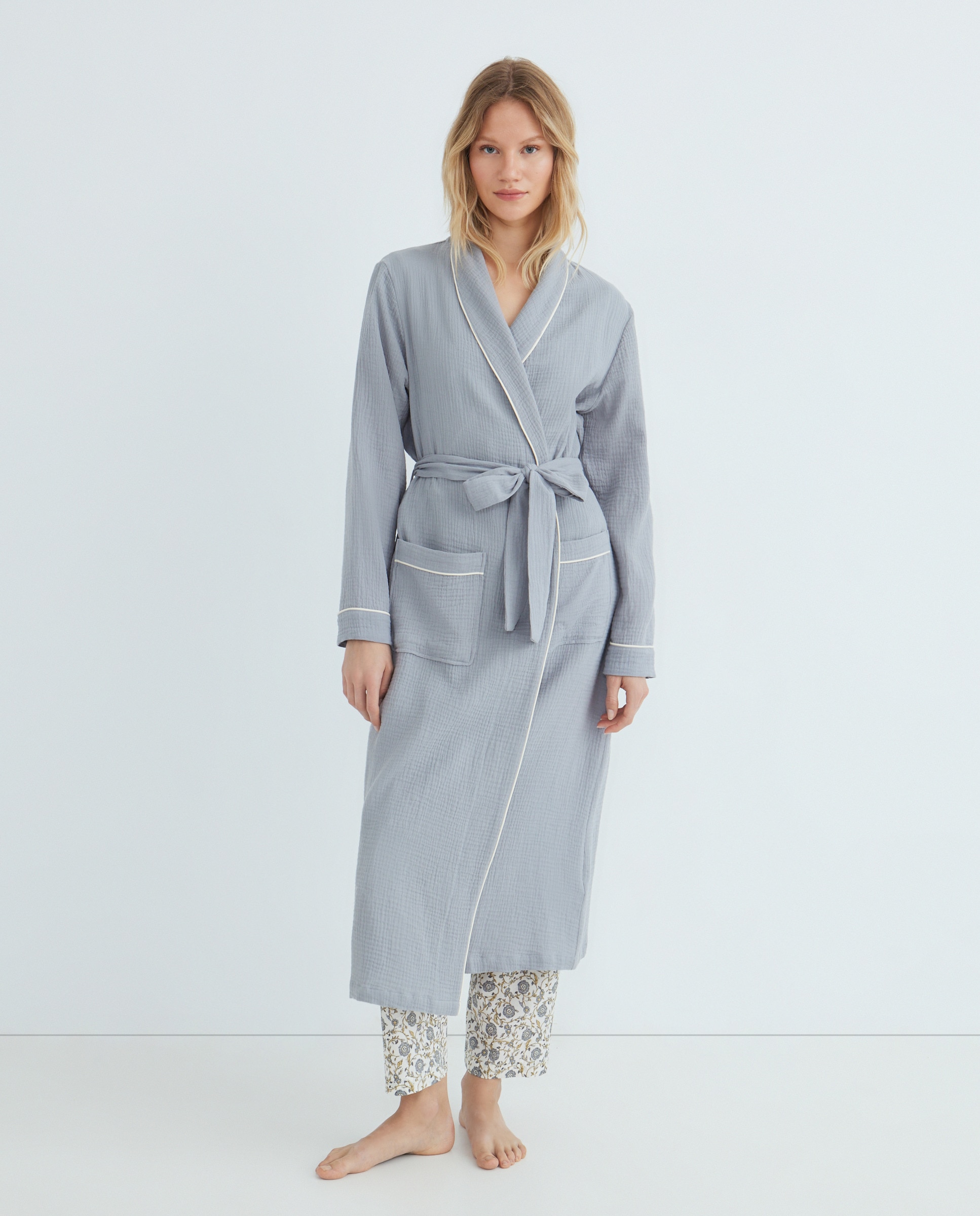 Bata Mujer Algodón Bolsillos Cerúleo-1