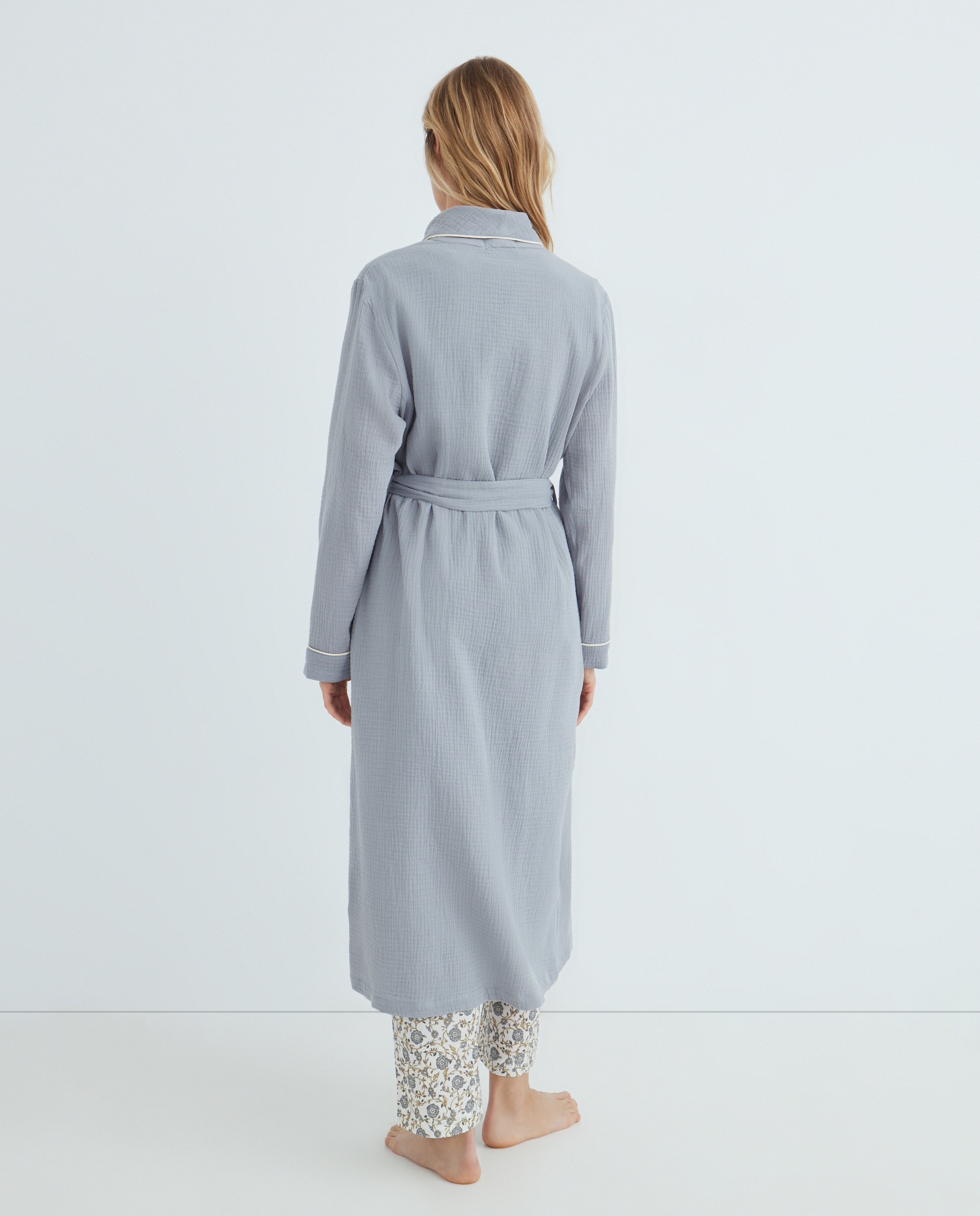 Bata Mujer Algodón Bolsillos Cerúleo-2