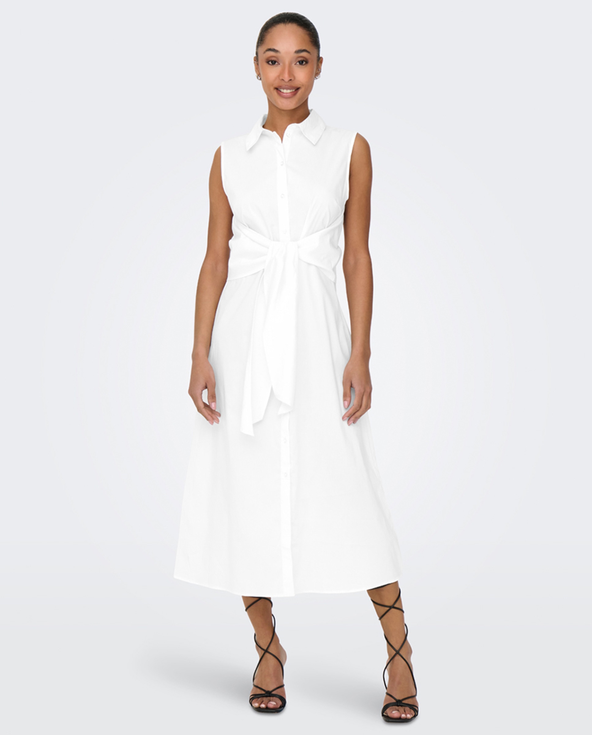Vestido Midi sem Mangas e com Fecho de Botões Branco-1