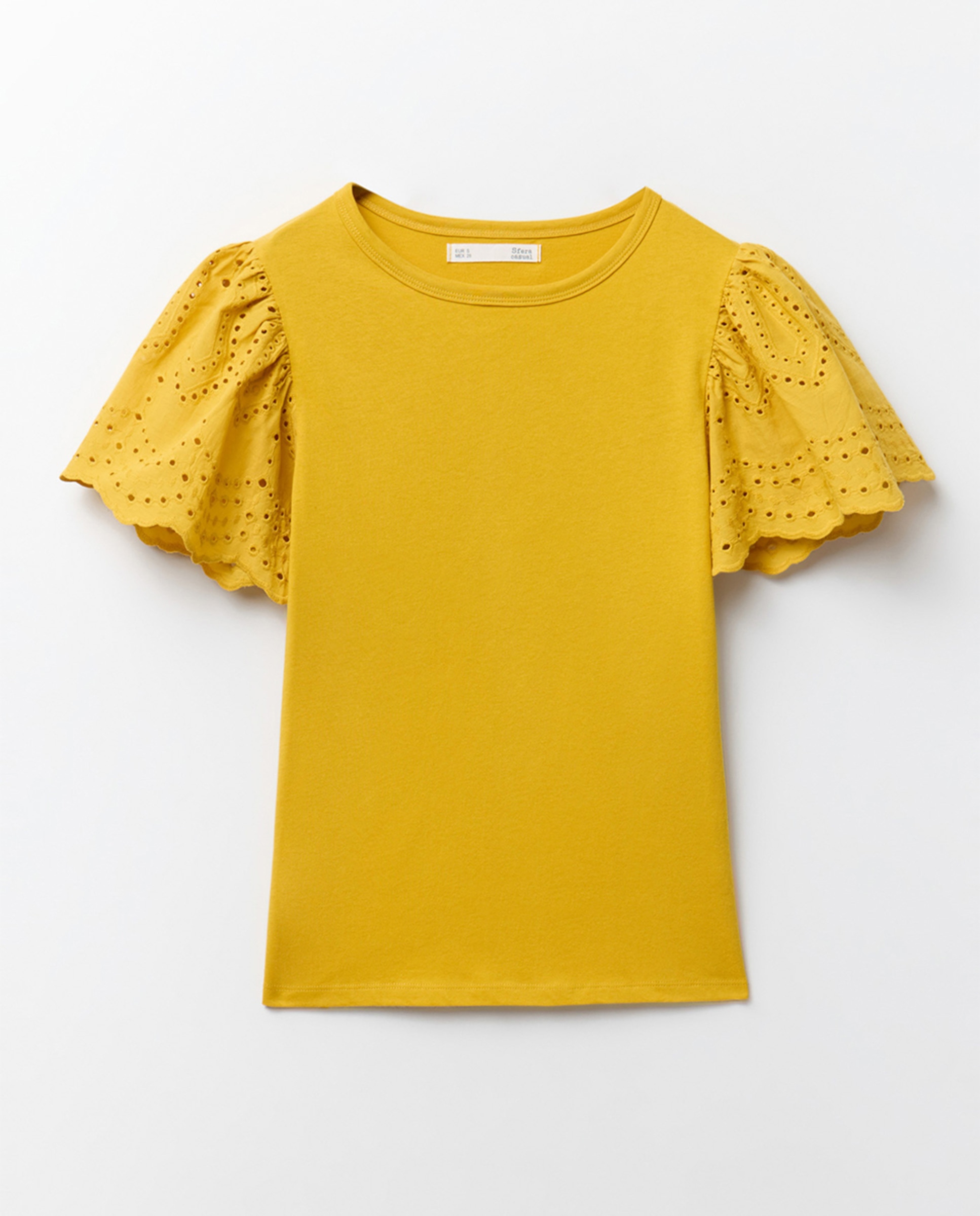 T-shirt de Manga Bordada Mostarda-6