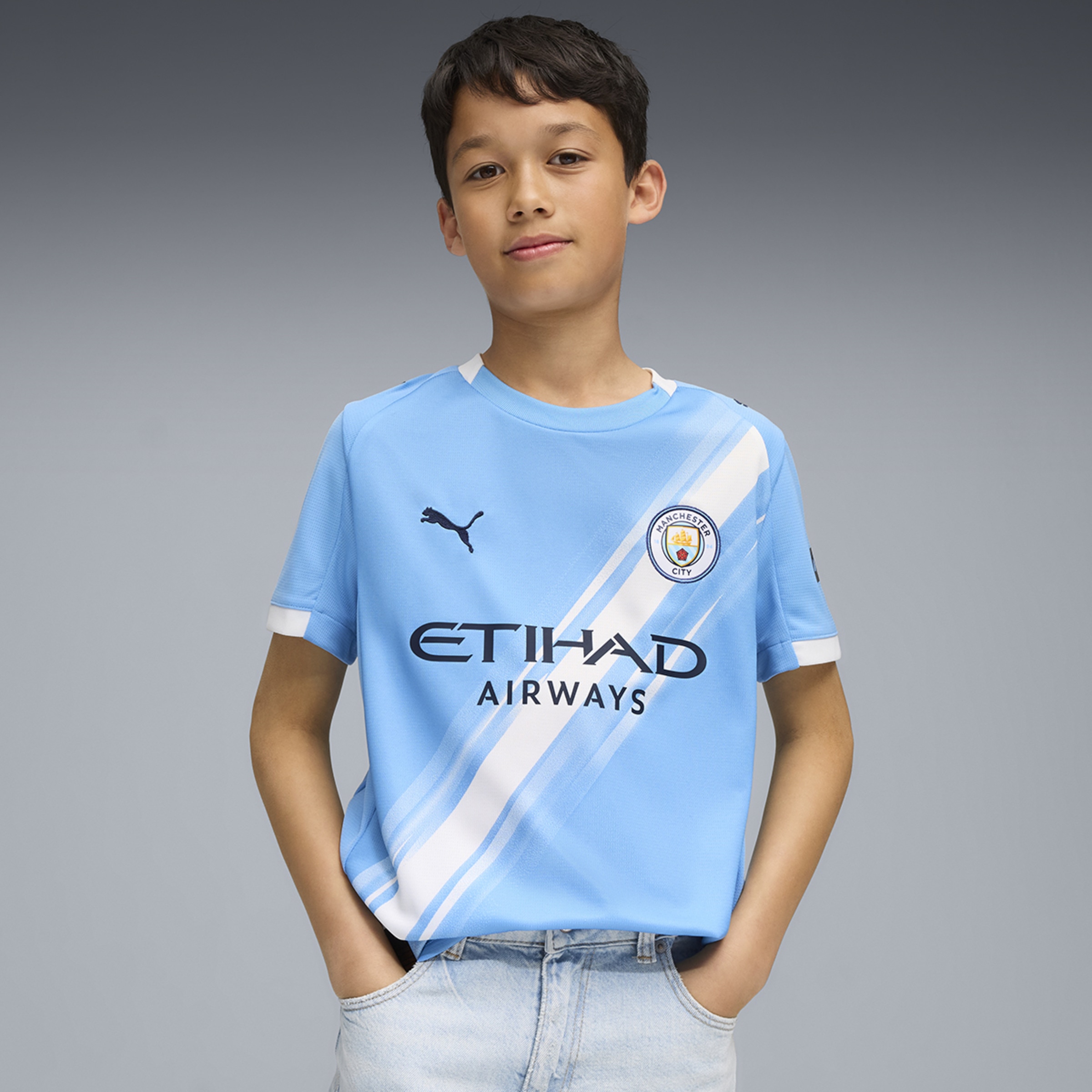 T-shirt de Futebol de Homem MCFC Home Jersey Réplica Jr Azul-1