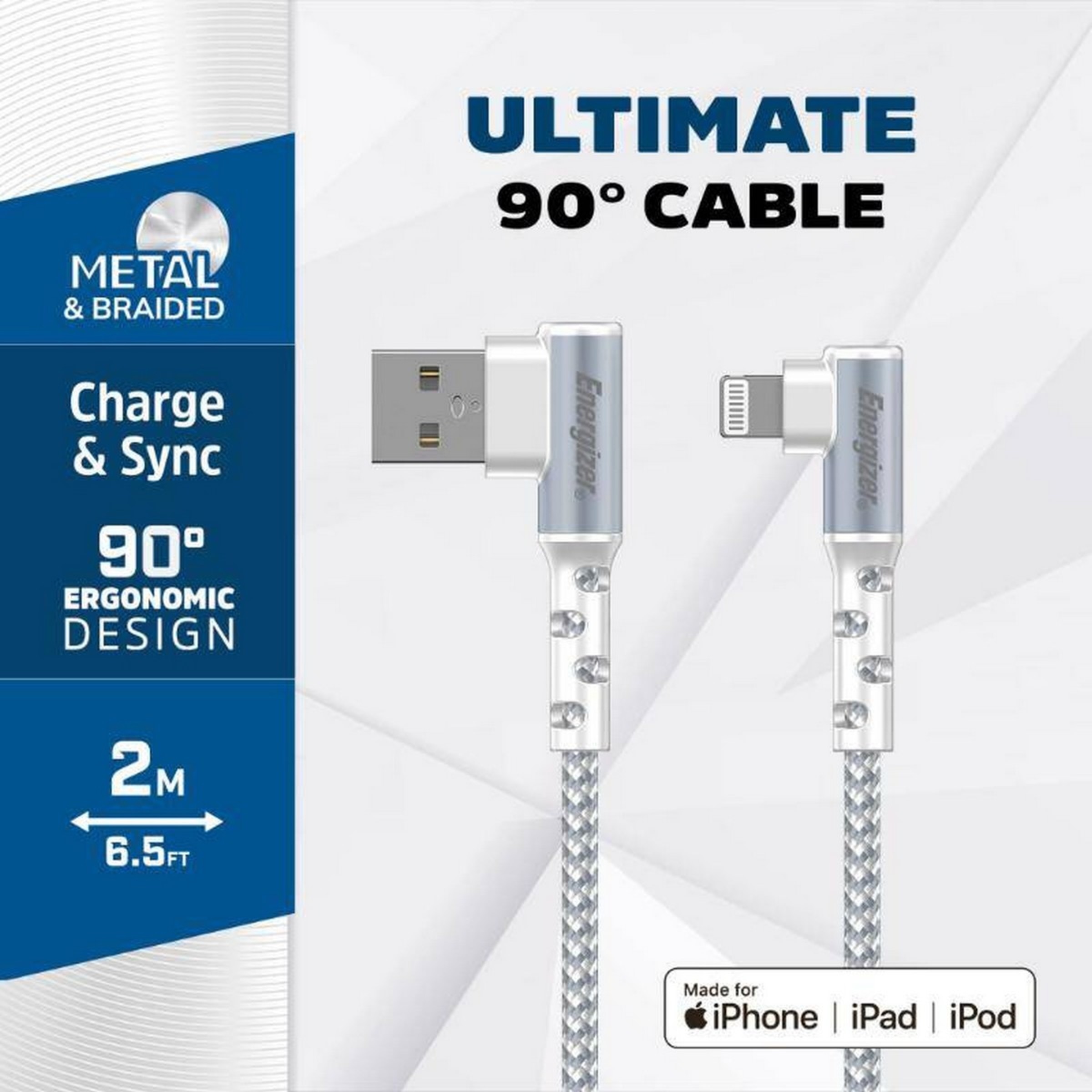 Cabo Energizer 90° Lightning para USB-A, 2m - Branco 2