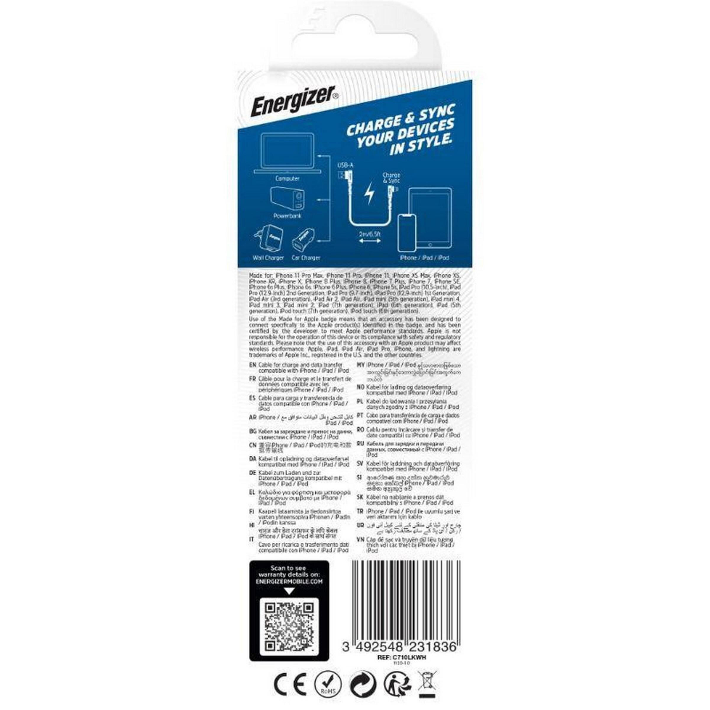 Cabo Energizer 90° Lightning para USB-A, 2m - Branco 4