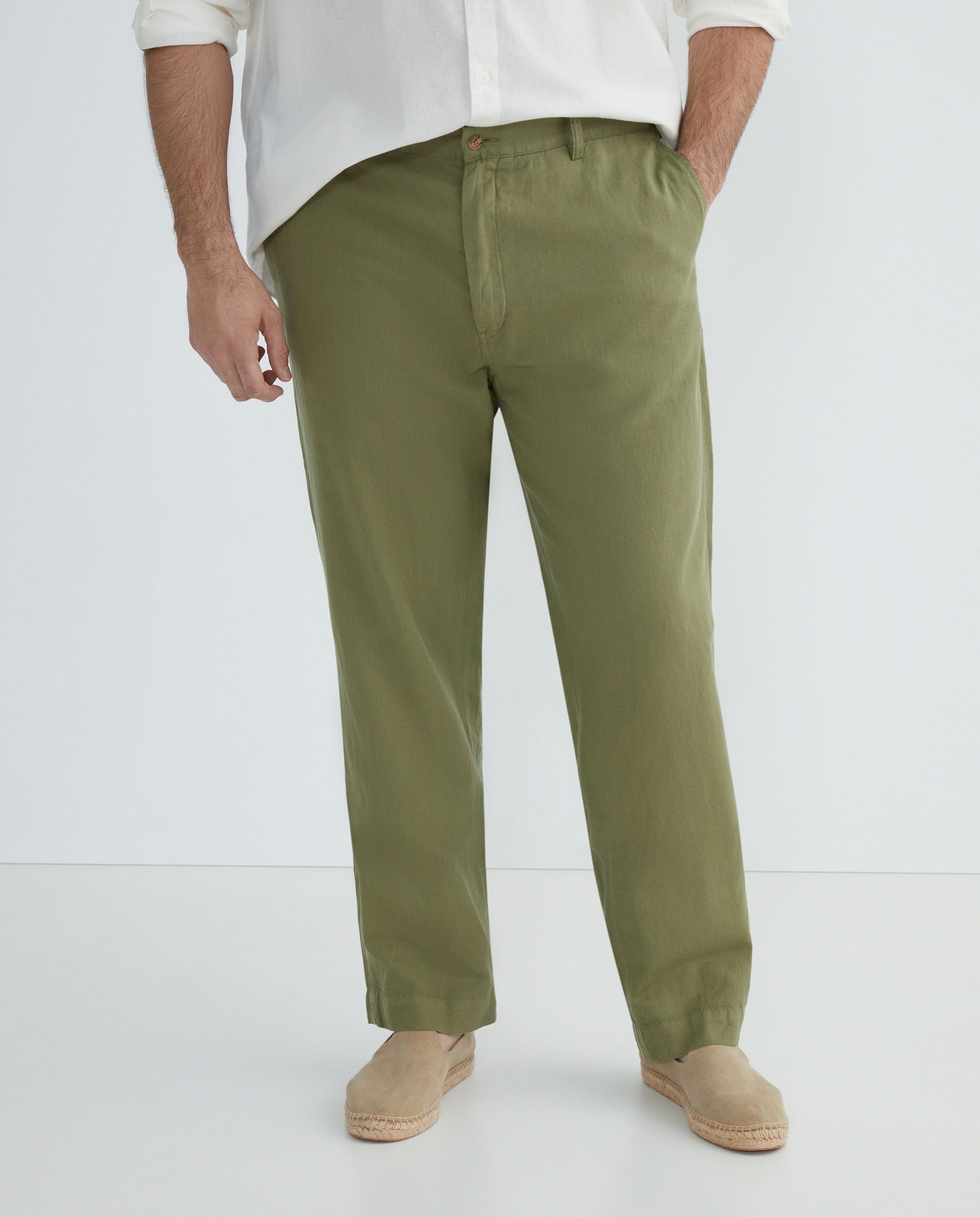 Calças Classic Fit Tamanhos Grandes de Linho Musgo-3