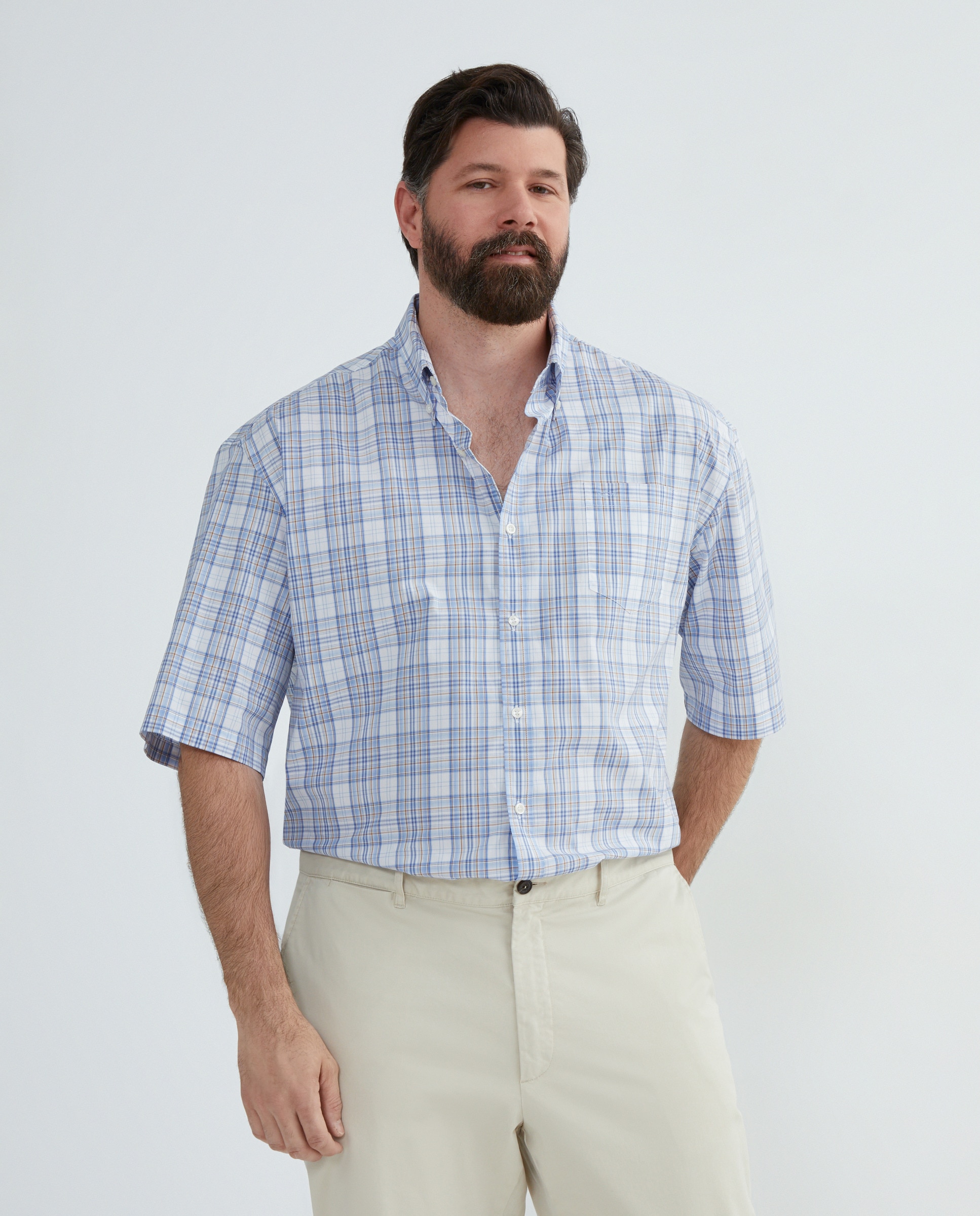 Camisa Tamanhos Grandes em Algodão aos Quadrados com Manga Curta Multicolor-1