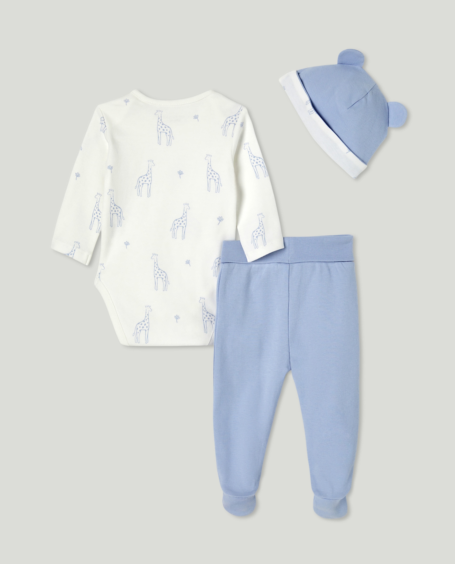 Conjunto de Body, Calças com Pés e Gorro de Bebé com Estampado de Fantasia Azul-2