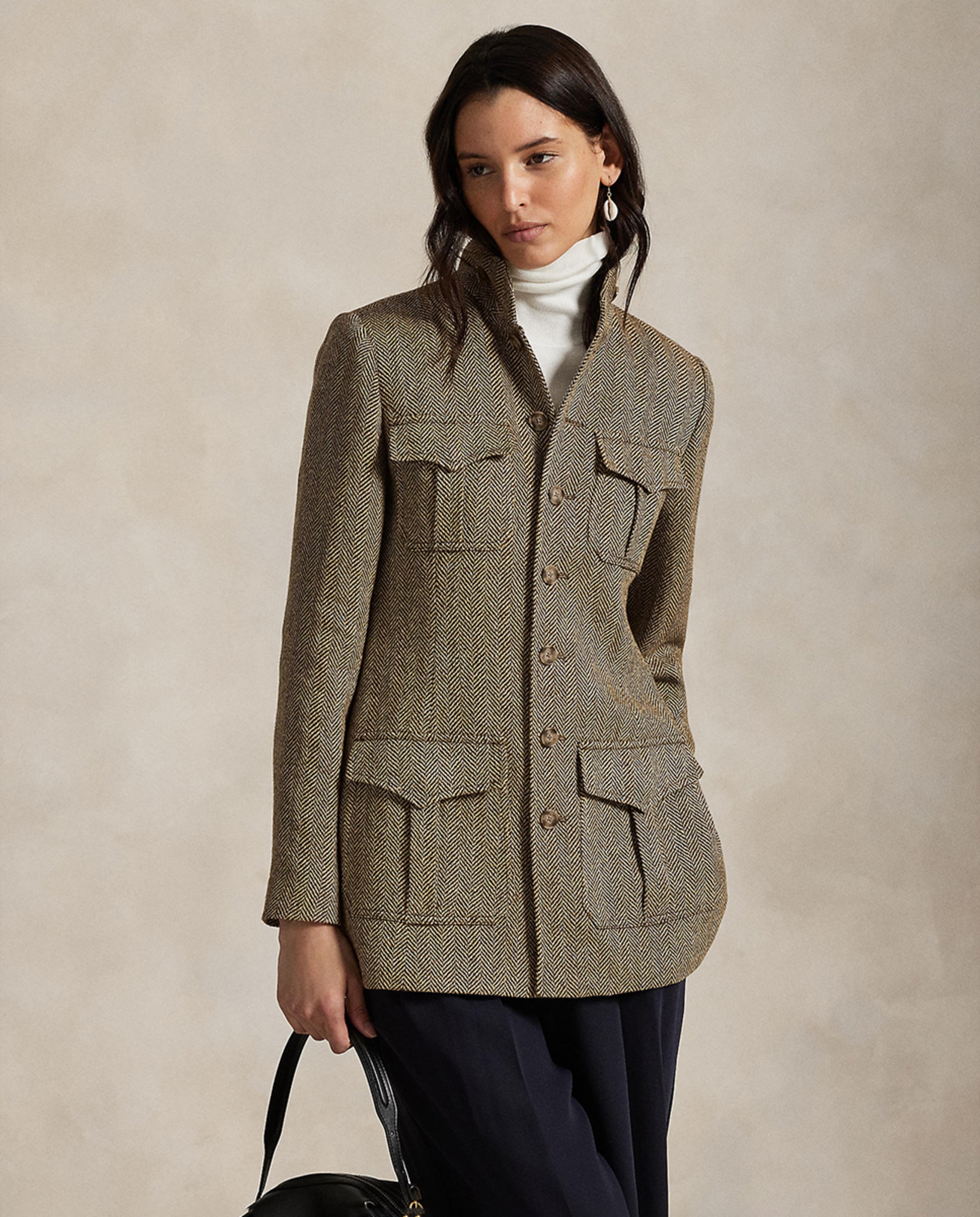 Casaco com Gola Semicisne e Bolsos Castanho-1