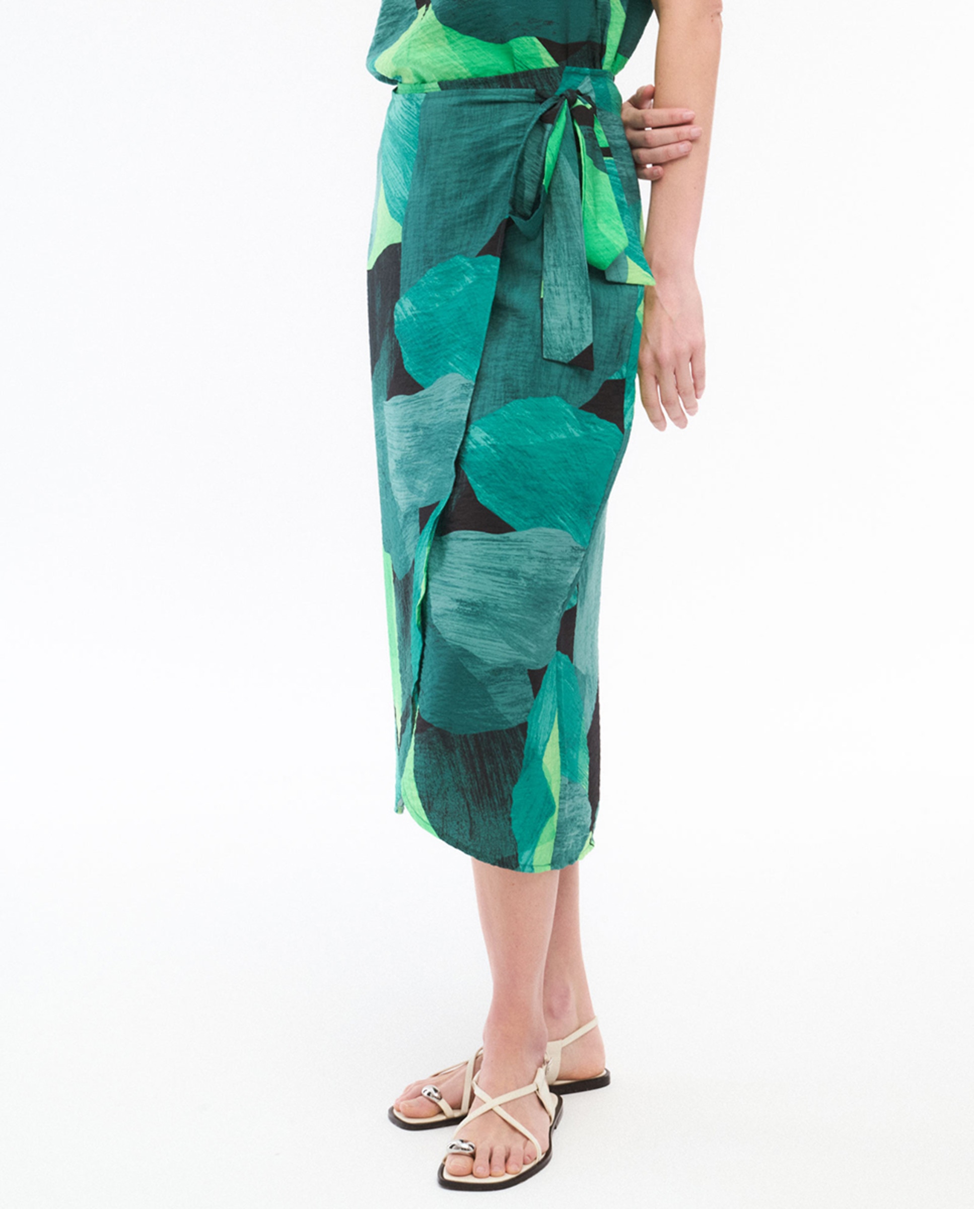 Saia Midi Estampada com Laço Verde-1