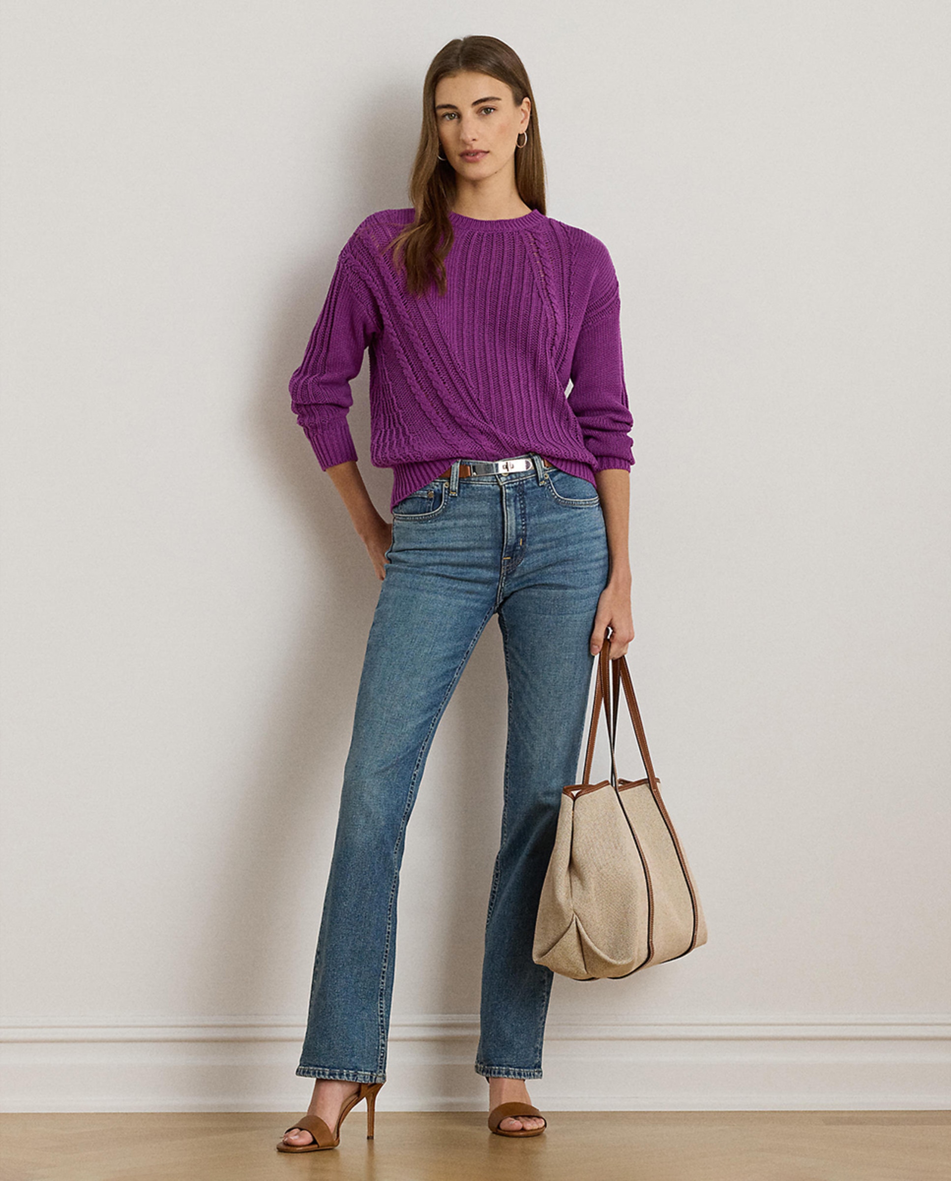 Camisola de Malha de Algodão com Decote Redondo Roxo-6