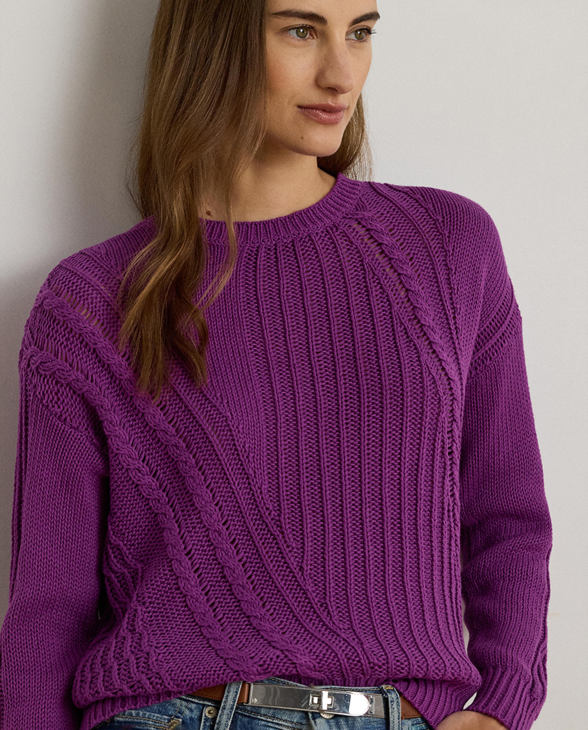 Camisola de Malha de Algodão com Decote Redondo Roxo-4
