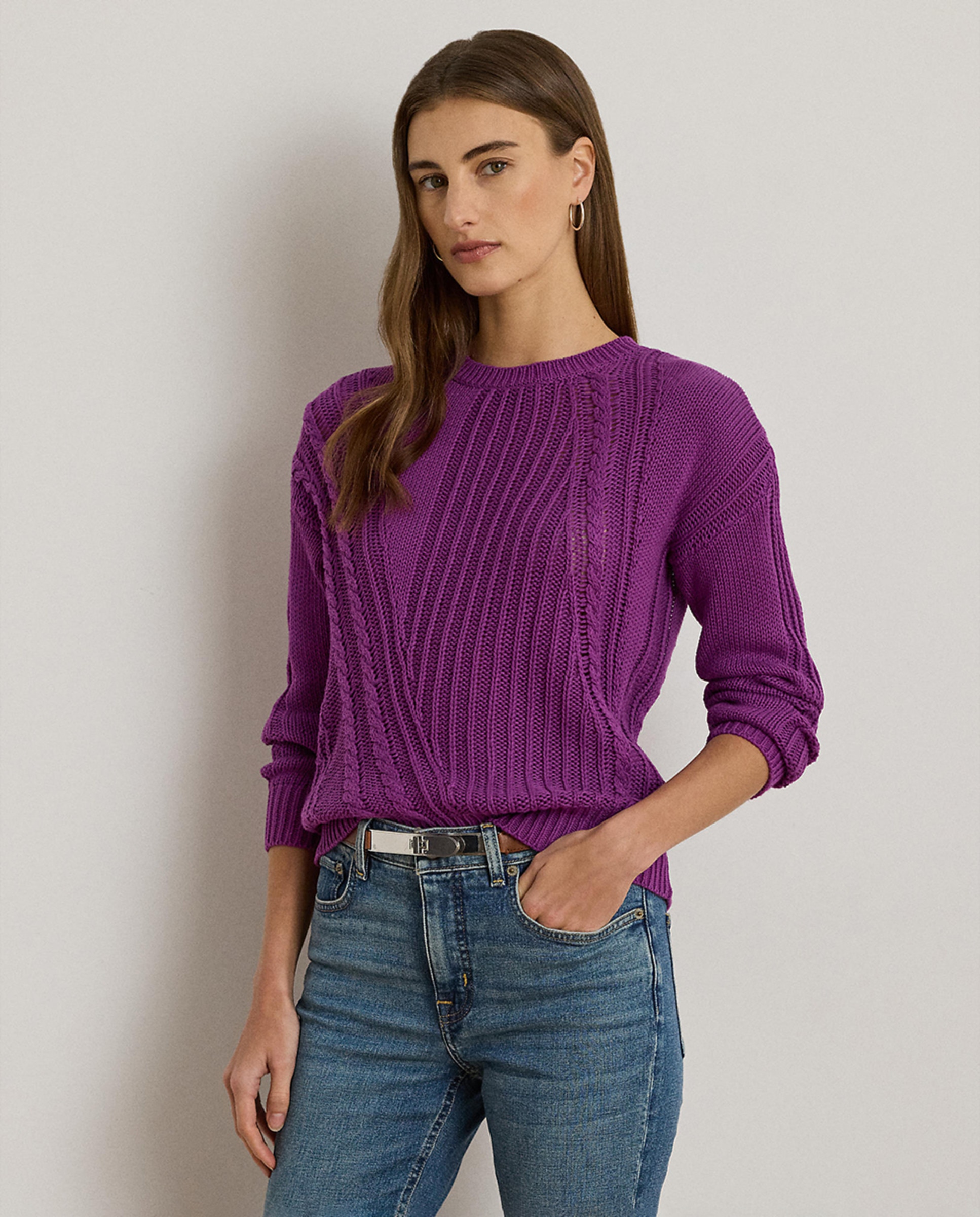 Camisola de Malha de Algodão com Decote Redondo Roxo-1