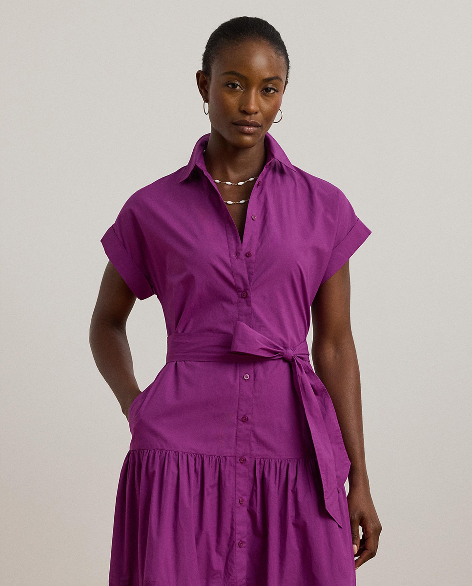 Vestido Camiseiro com Folhos e Cinto Roxo-4